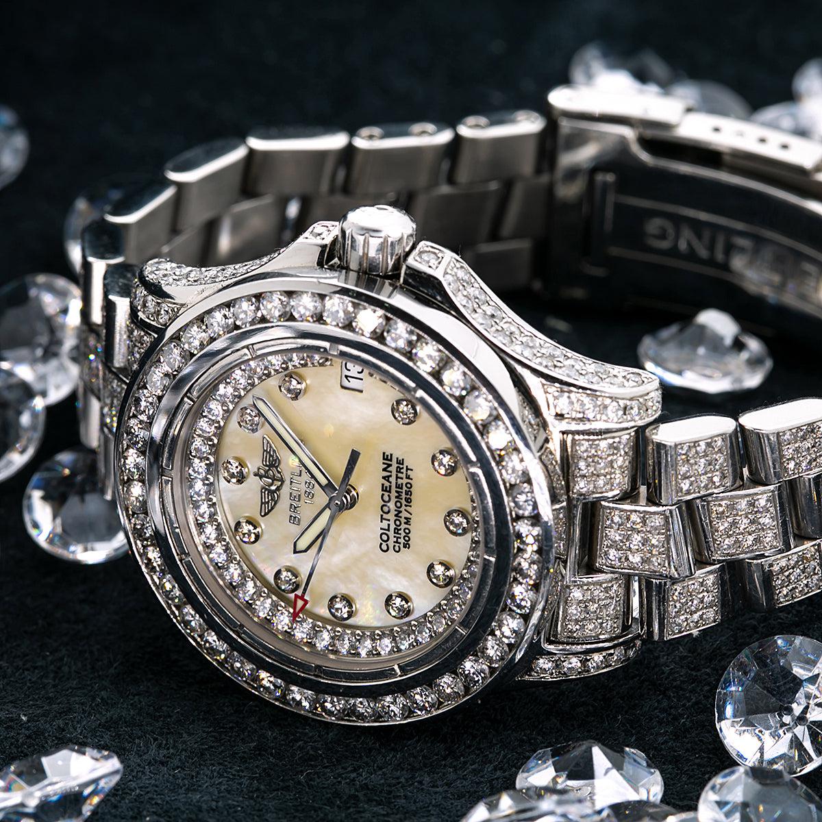 Breitling Colt Oceane 33MM A77380 Mother of Pearl Diamond Dial Diamond Bezel Full Diamond Bracelet 8ct