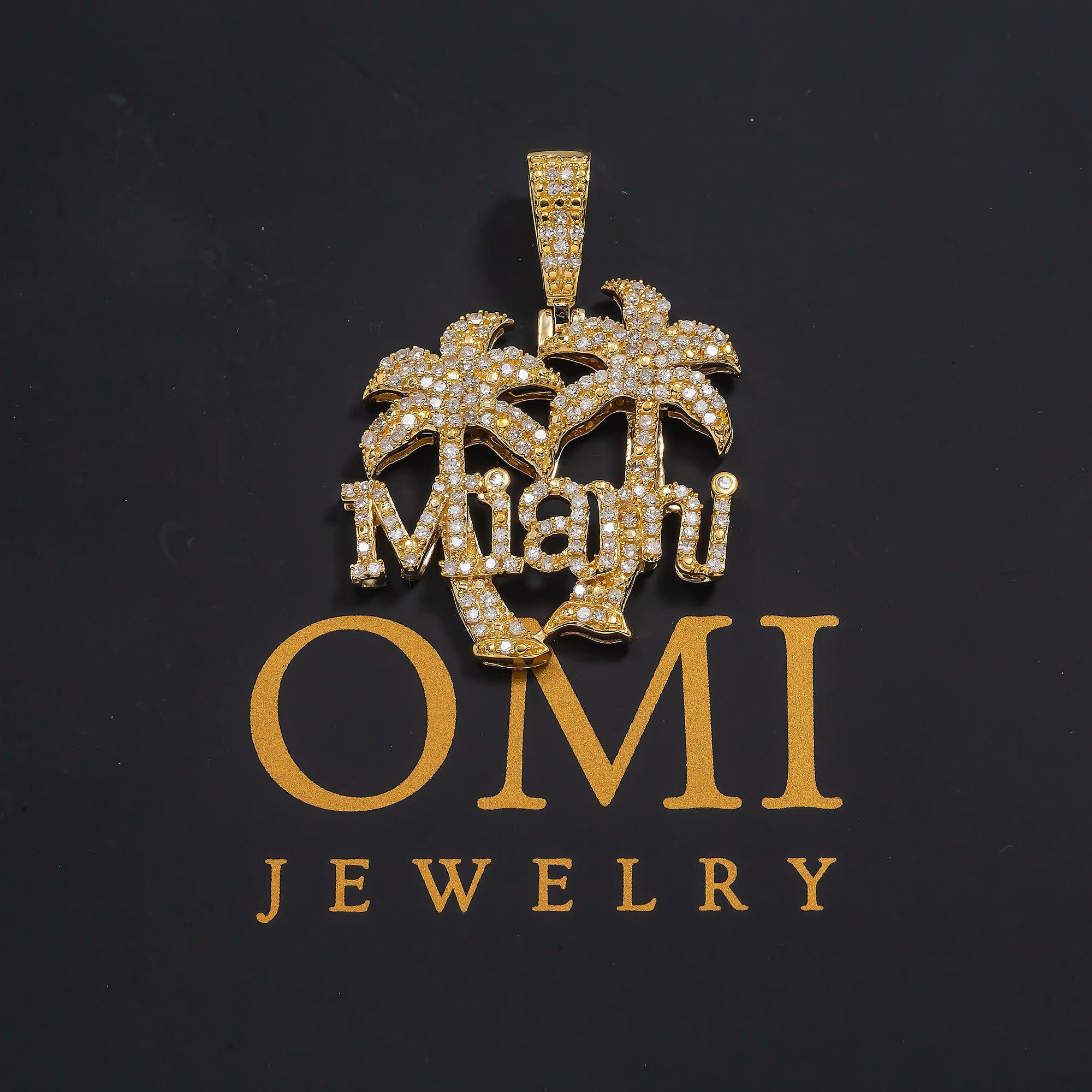 14K GOLD DIAMOND MIAMI AND PALM TREE PENDANT 0.96 CT