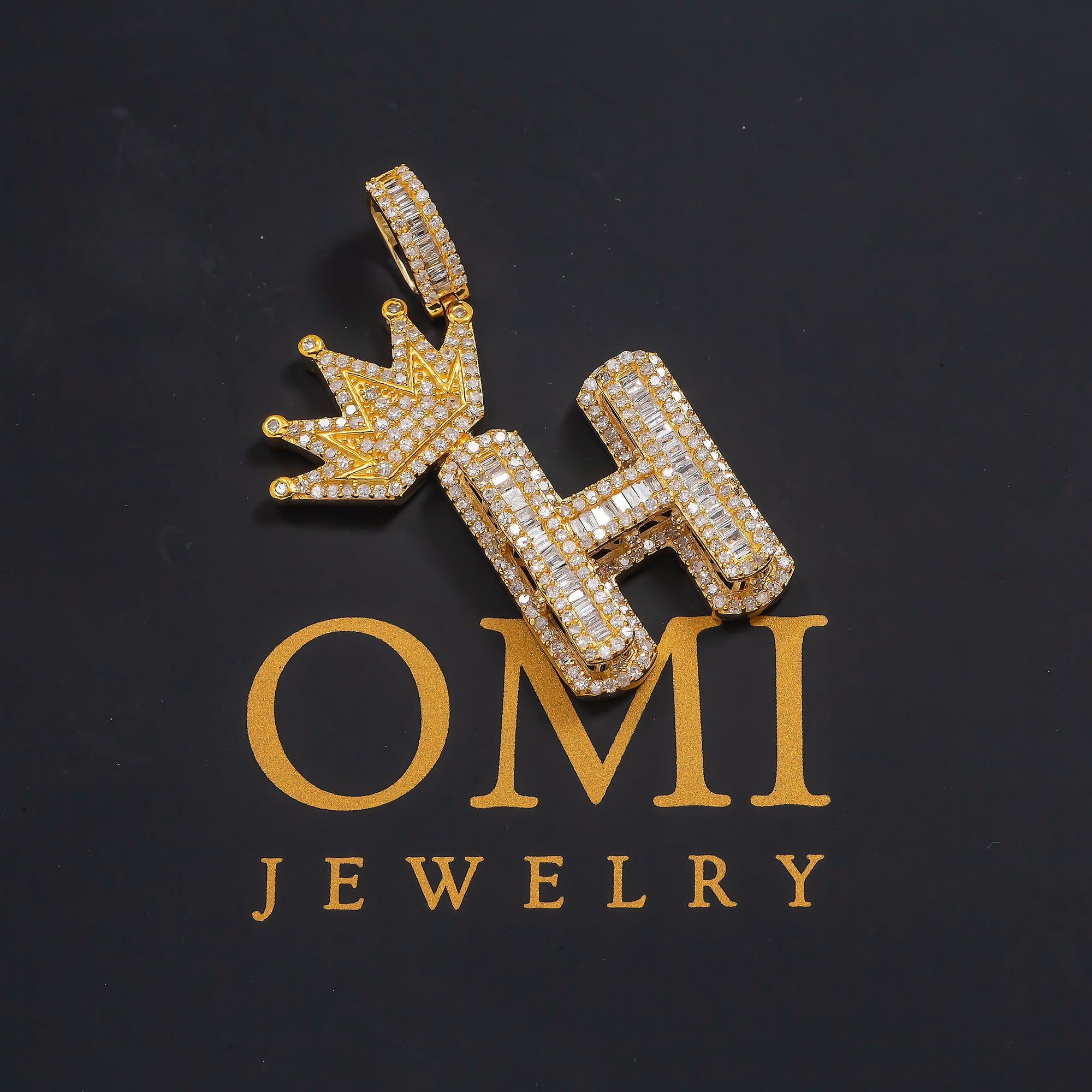 14K GOLD DIAMOND INITIAL H WITH CROWN PENDANT 1.71 CT
