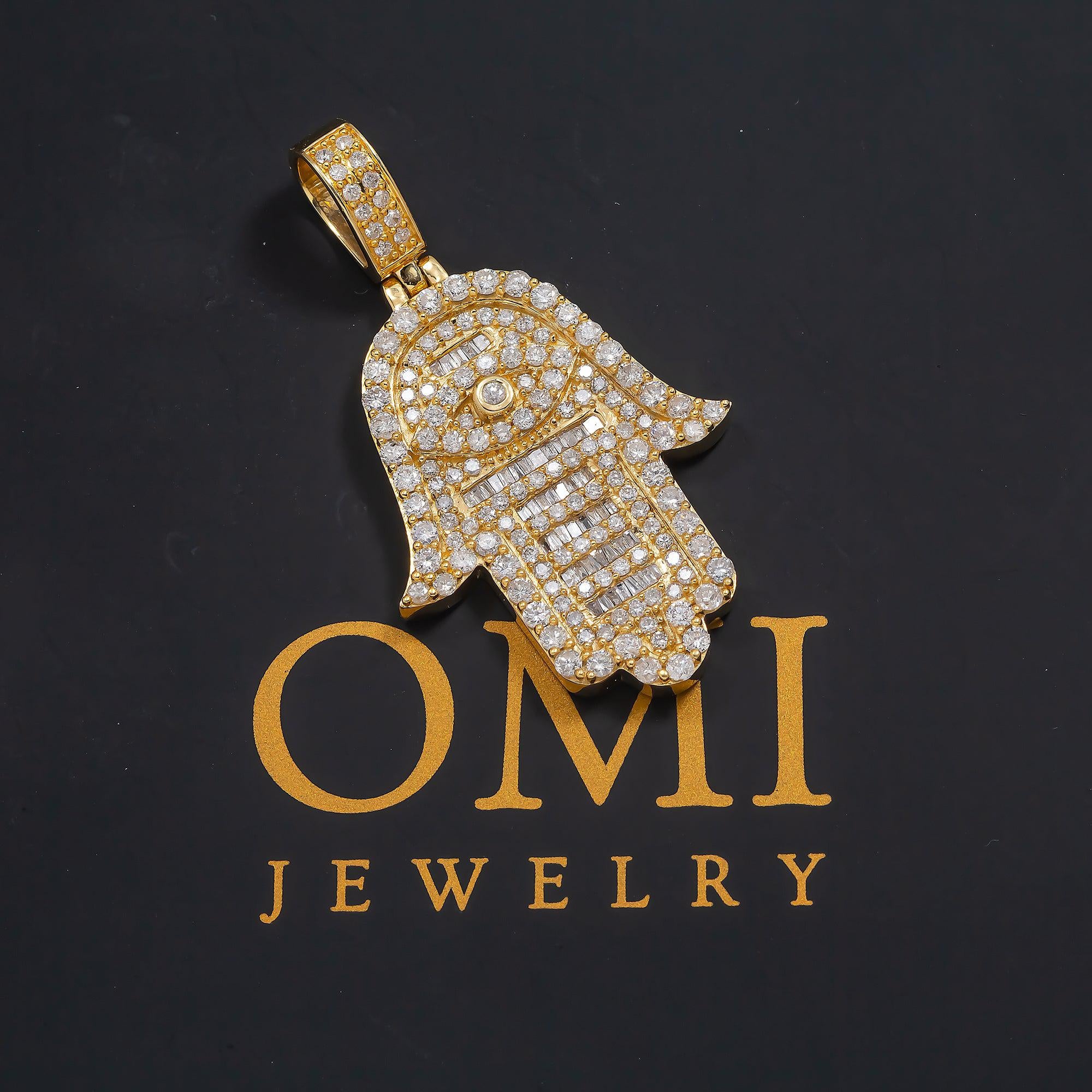 14K GOLD DIAMOND HAMSA WITH EVIL EYE PENDANT 3.14 CT