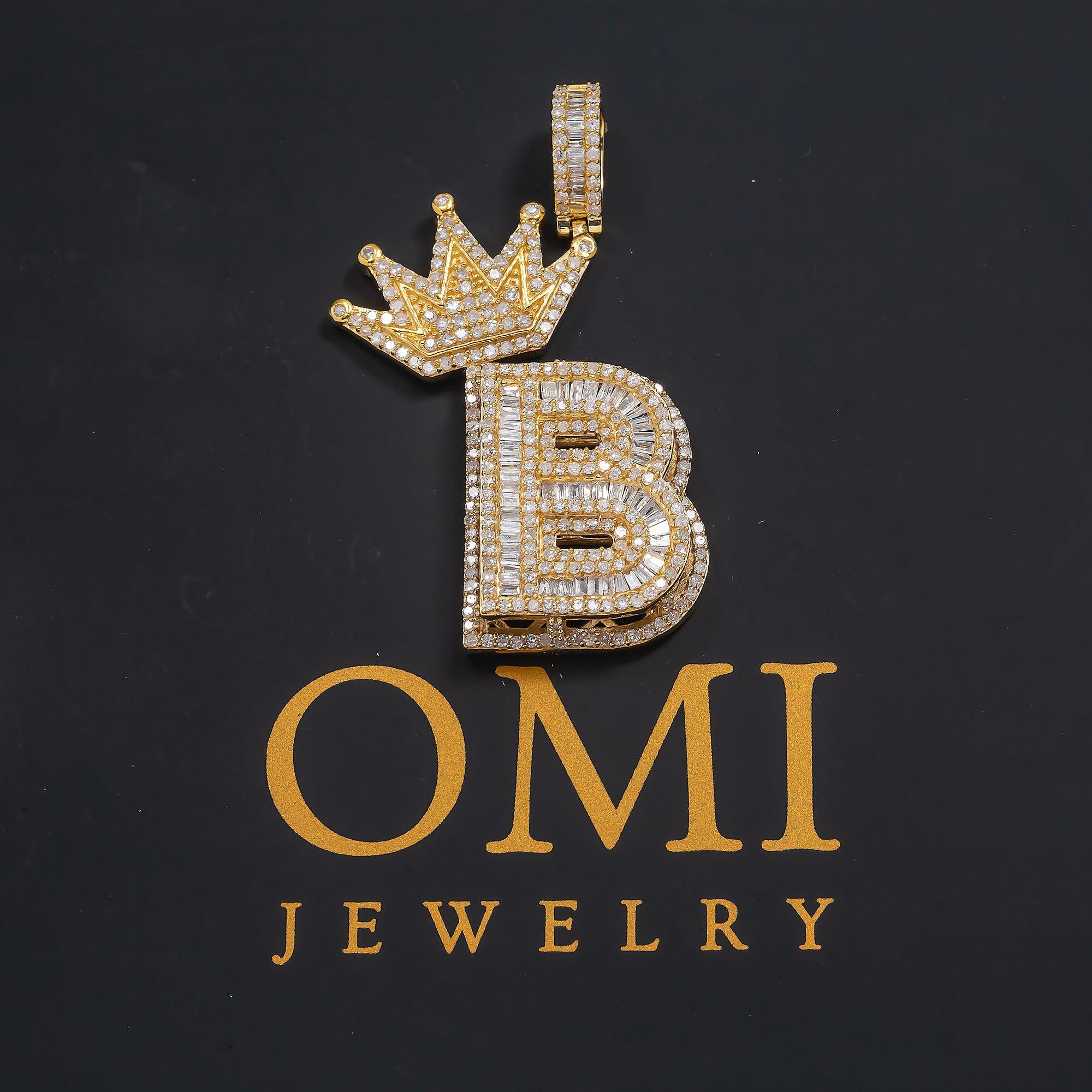 14K GOLD DIAMOND INITIAL B WITH CROWN PENDANT 1.81 CT