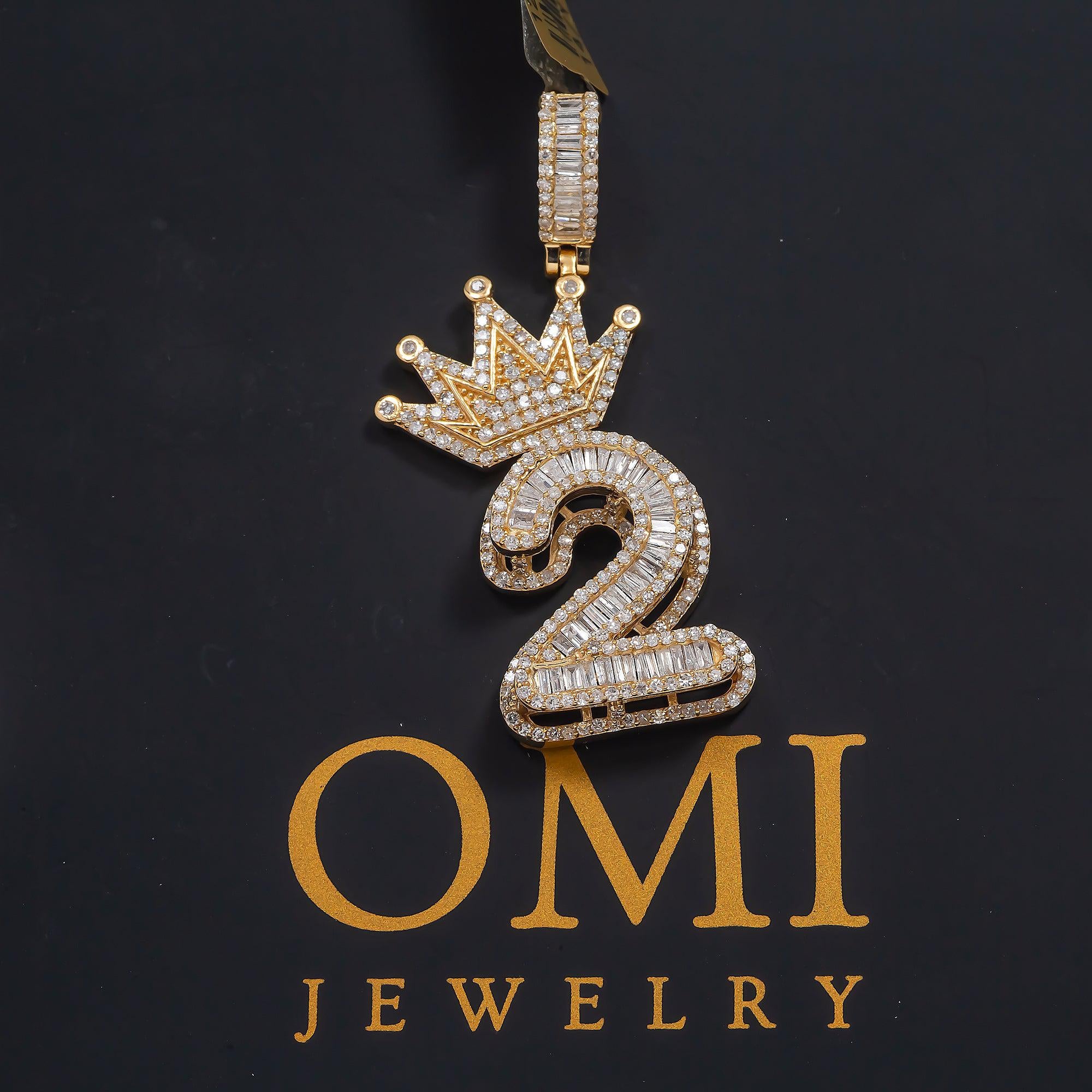 14K GOLD DIAMOND NUMBER 2 WITH CROWN PENDANT 1.85 CT