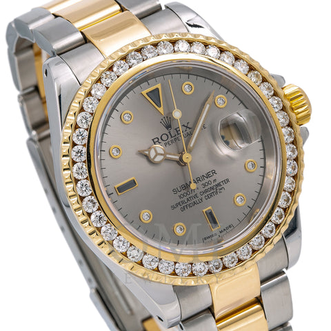 Rolex Submariner Diamond Watch, Date 16613 40mm, Serti Dial Diamond Bezel With Two Tone Oyster Bracelet