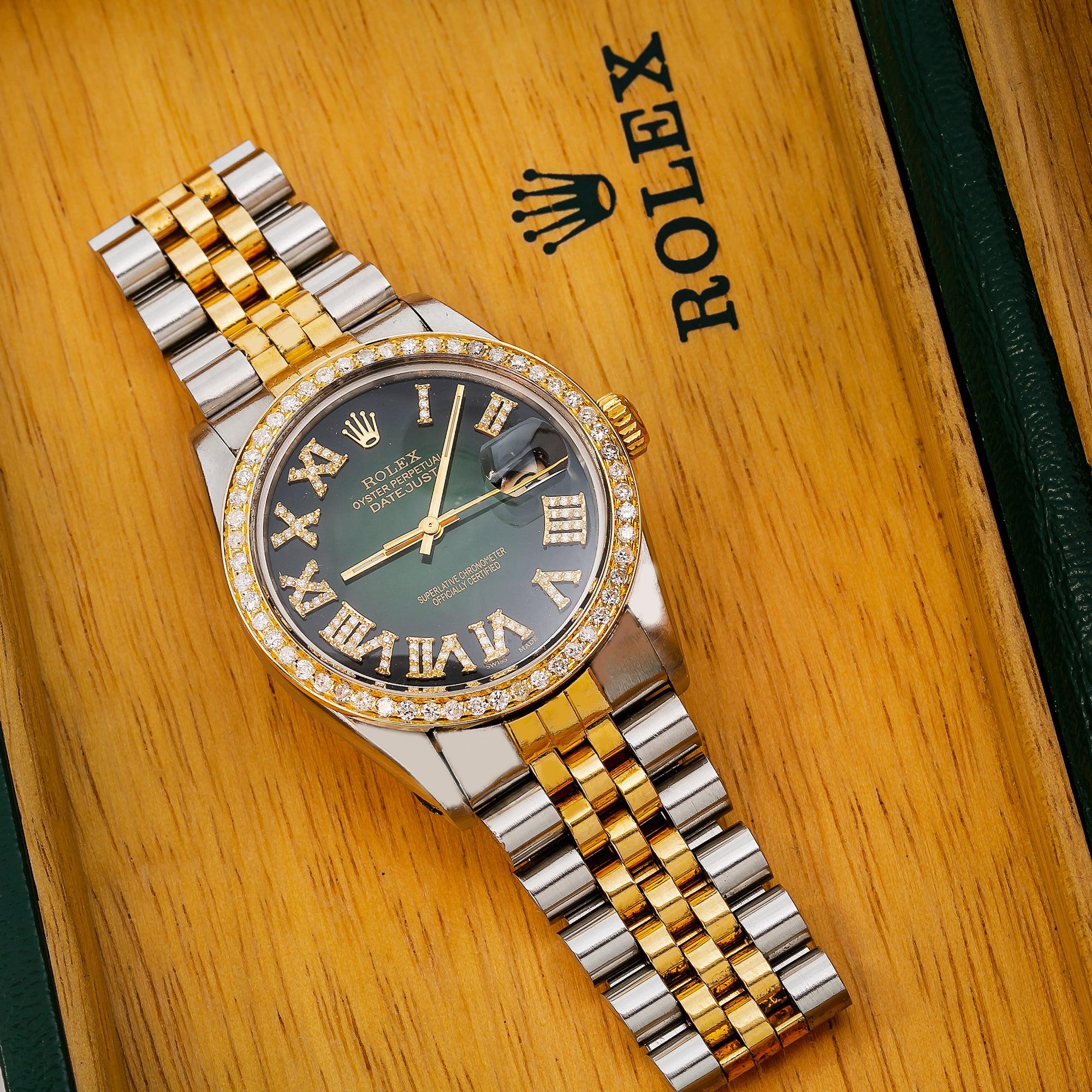 Rolex Datejust 36MM 16013 Black Roman Diamond Dial Diamond Bezel Two Tone Yellow Gold Jubilee Bracelet 1.2ct