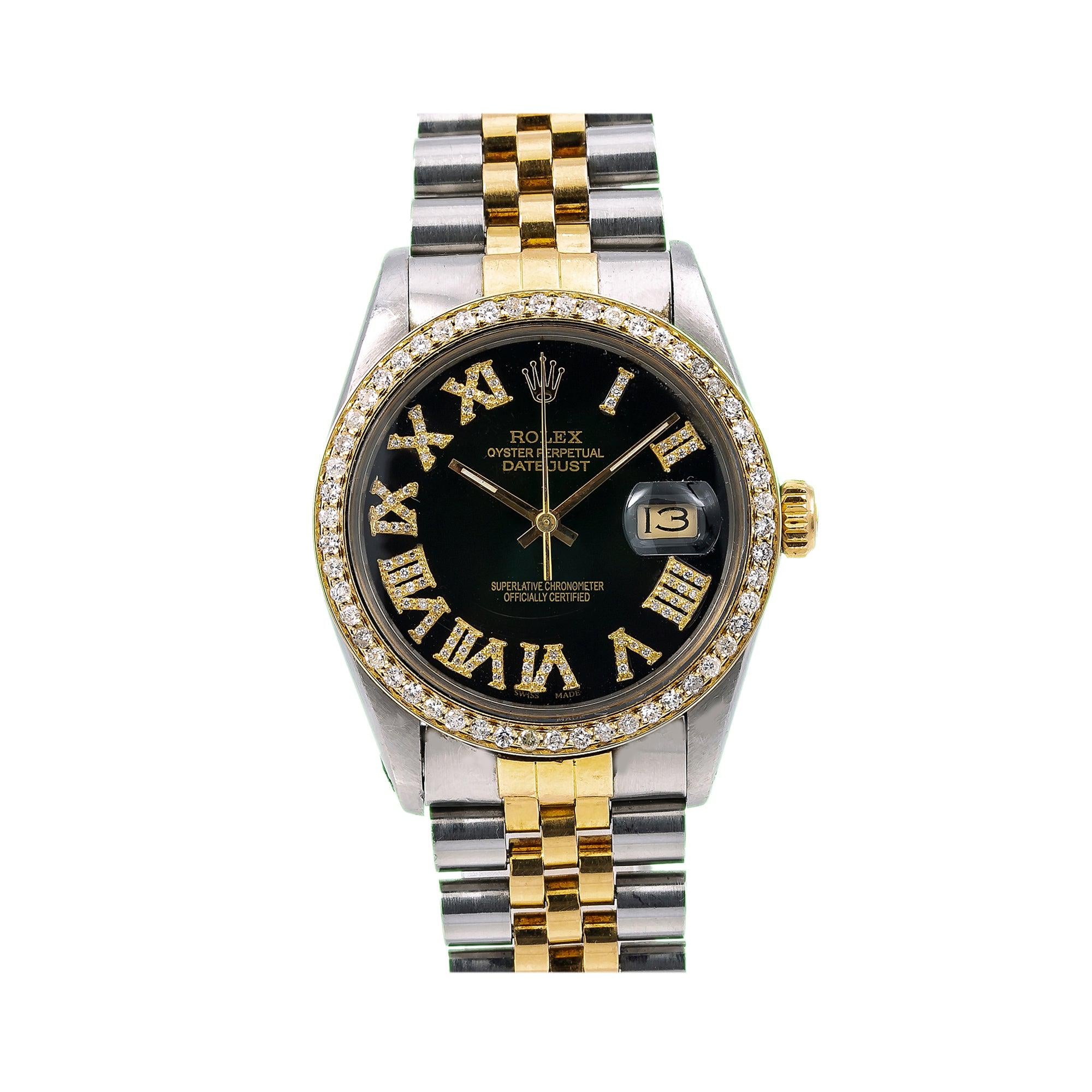 Rolex Datejust 36MM 16013 Black Roman Dial Diamond Bezel Two Tone Jubilee Bracelet 1.2ct