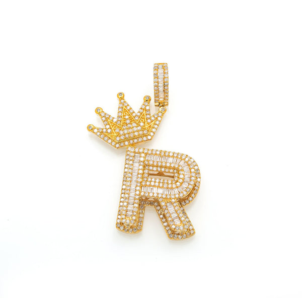 14K GOLD DIAMOND INITIAL R WITH CROWN PENDANT 1.80 CT - OMI Jewelry
