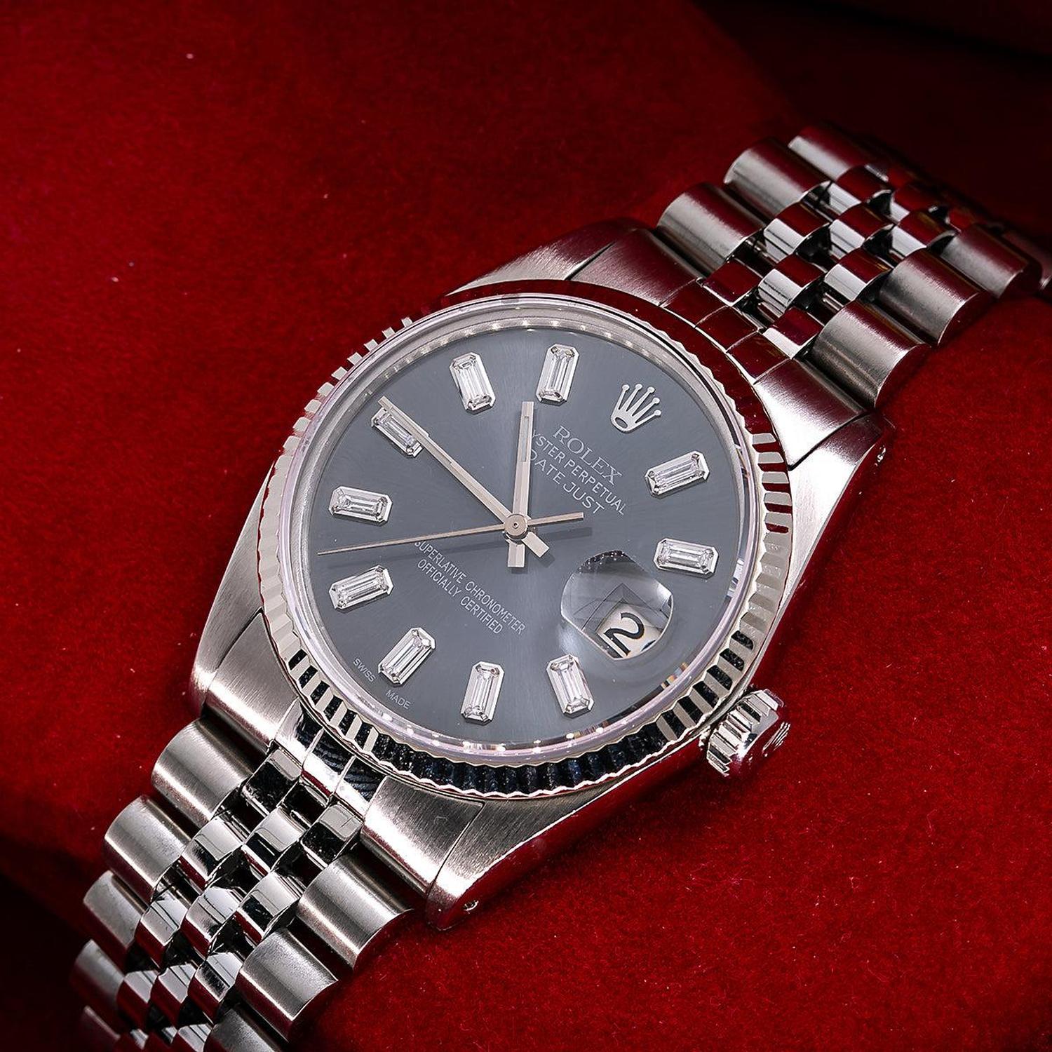 Rolex Datejust 36MM 16014 Black Baguette Diamond Dial Fluted Bezel Stainless Steel Jubilee Bracelet