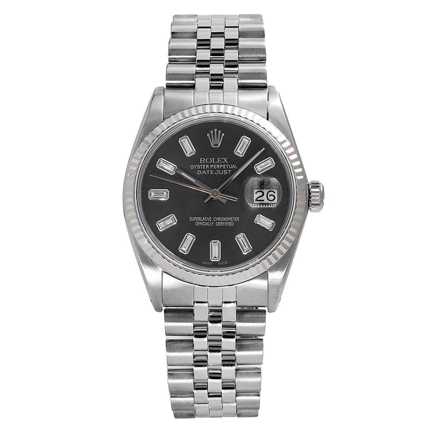 Rolex Datejust 36MM 16014 Black Baguette Diamond Dial White Gold Fluted Bezel Stainless Steel Jubilee Bracelet