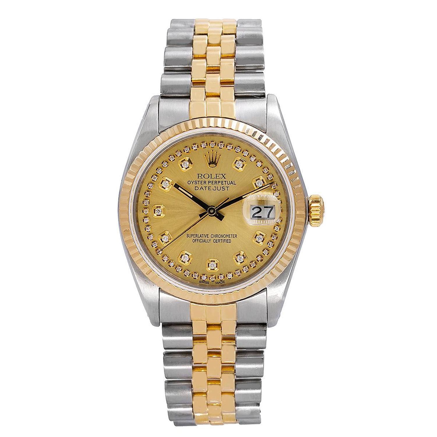 Rolex Datejust 36MM 16013 Champagne Diamond Dial Yellow Gold Fluted Bezel Two Tone Jubilee Bracelet