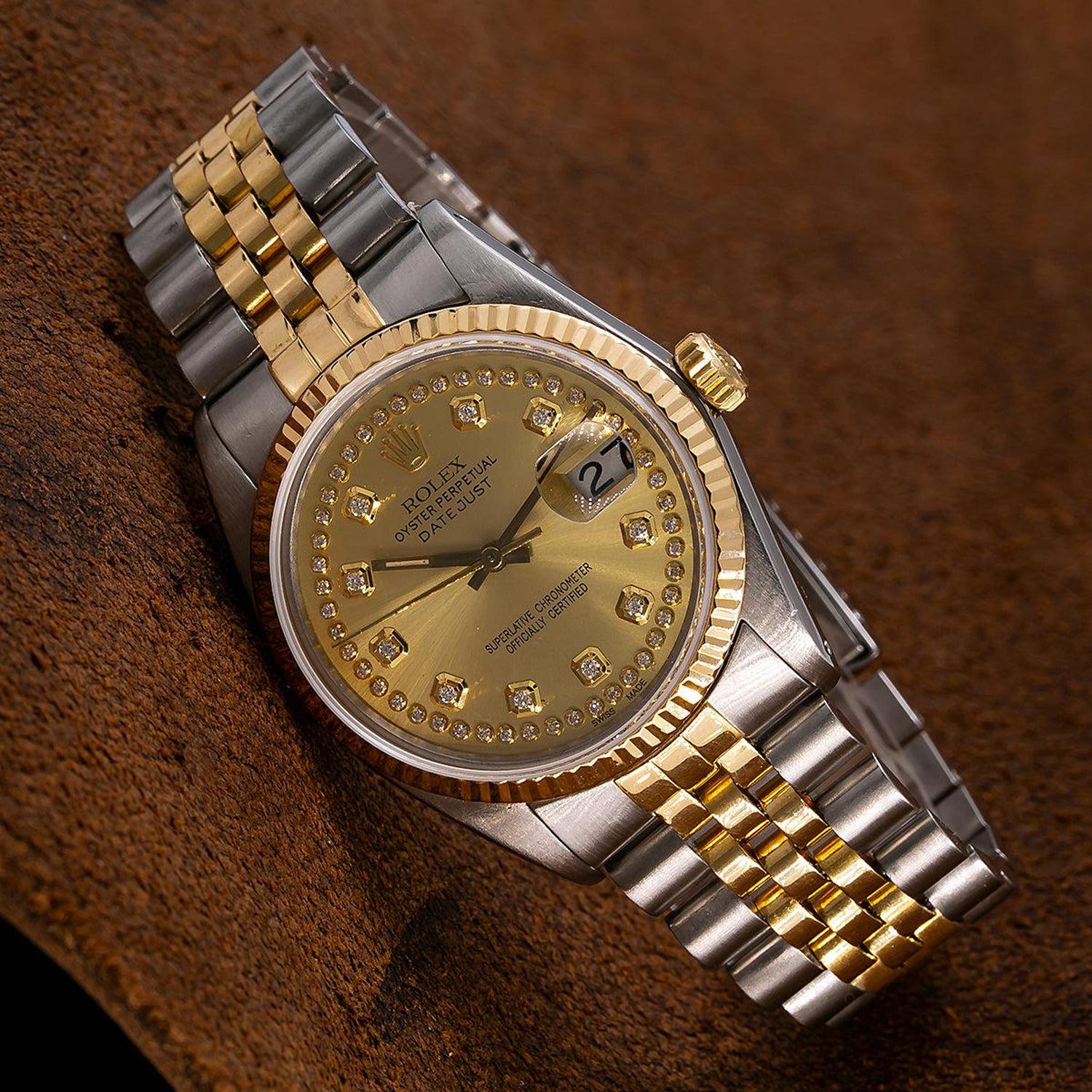 Rolex Datejust 36MM 16013 Champagne Diamond Dial Yellow Gold Fluted Bezel Two Tone Jubilee Bracelet