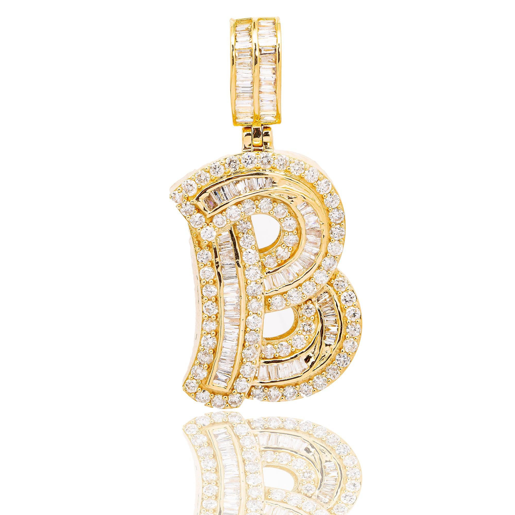 14K YELLOW GOLD UNISEX LETTER B WITH 2.01 CT BAGUETTE AND ROUND DIAMONDS