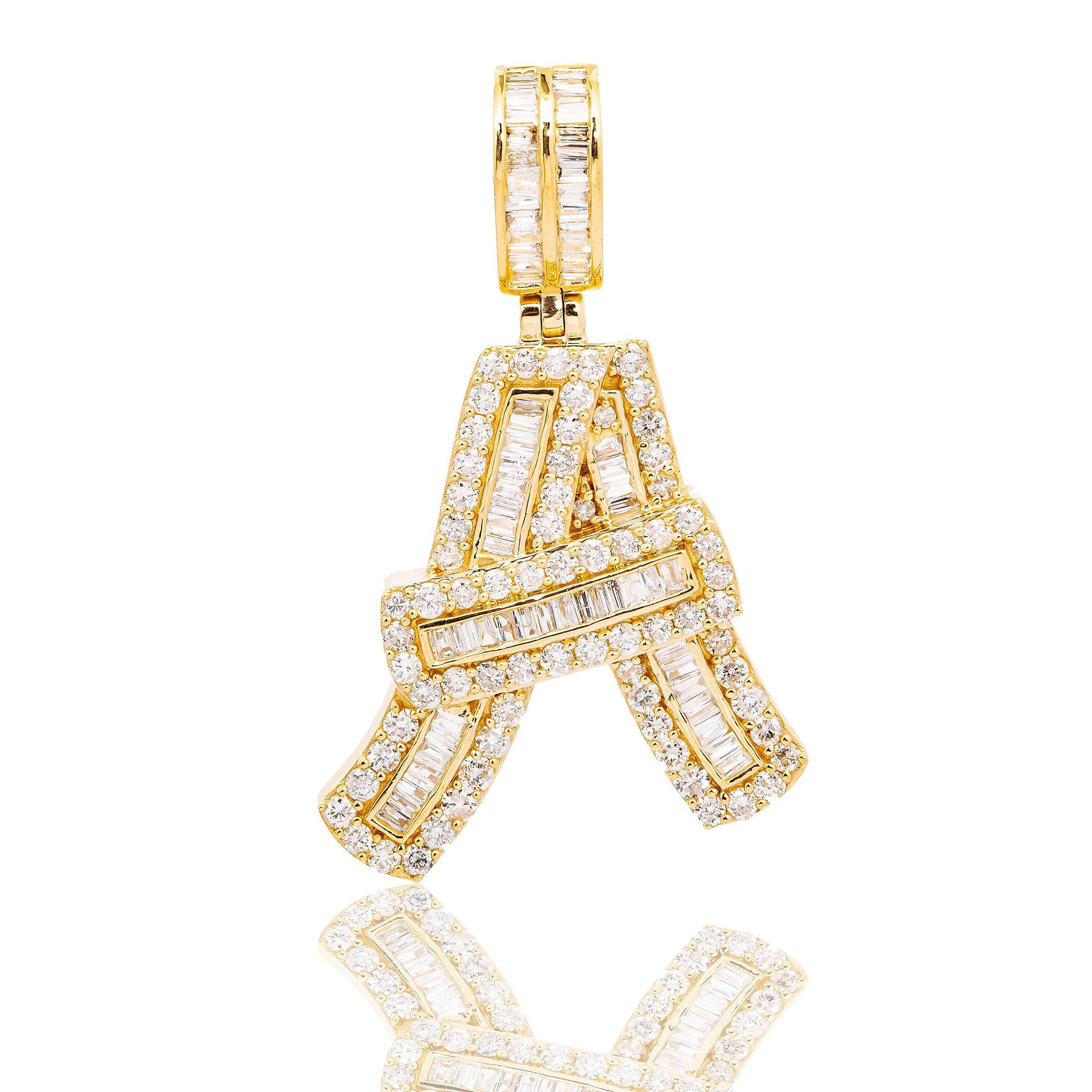 14K YELLOW GOLD UNISEX LETTER A WITH 1.93 CT BAGUETTE AND ROUND DIAMONDS