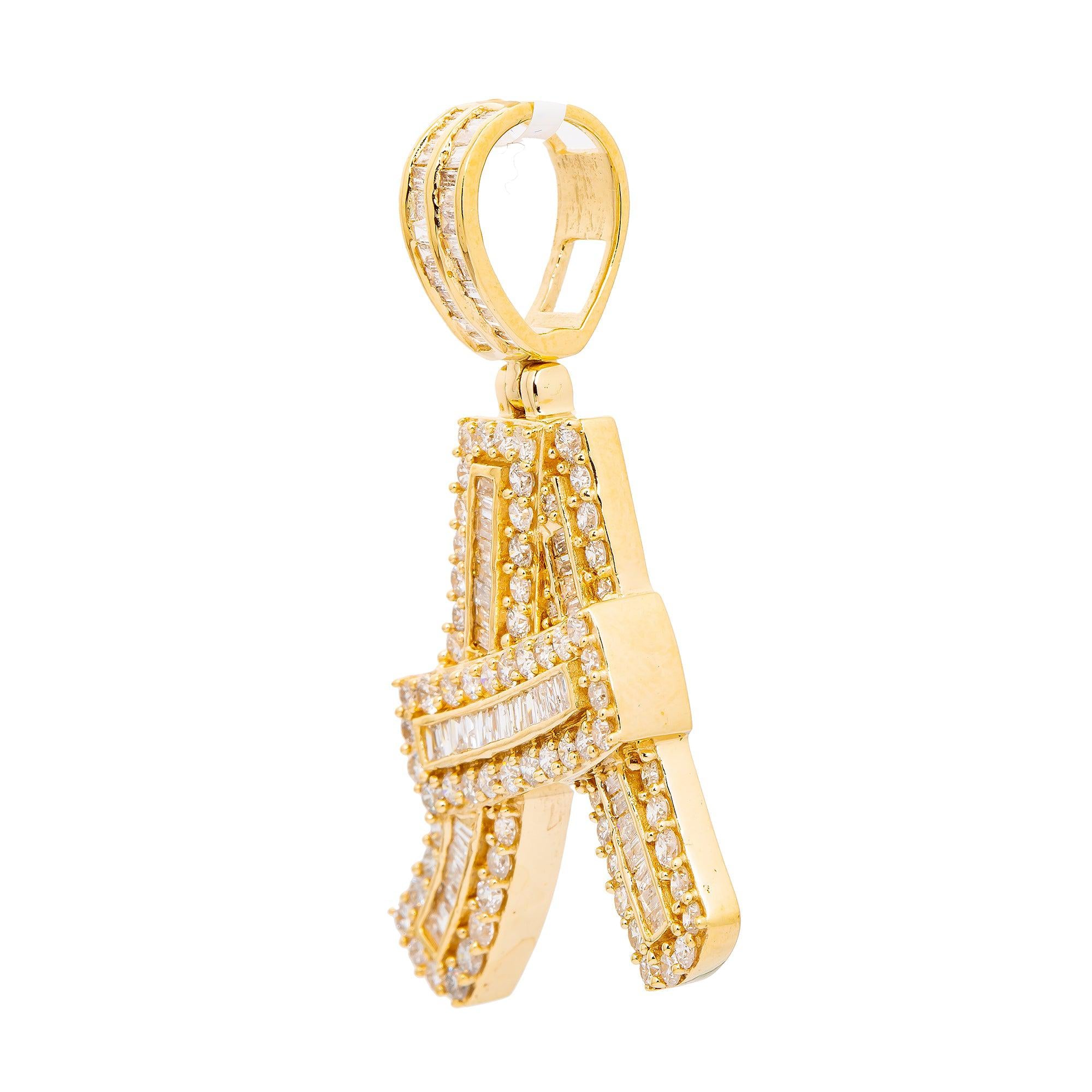14K YELLOW GOLD UNISEX LETTER A WITH 1.93 CT BAGUETTE AND ROUND DIAMONDS