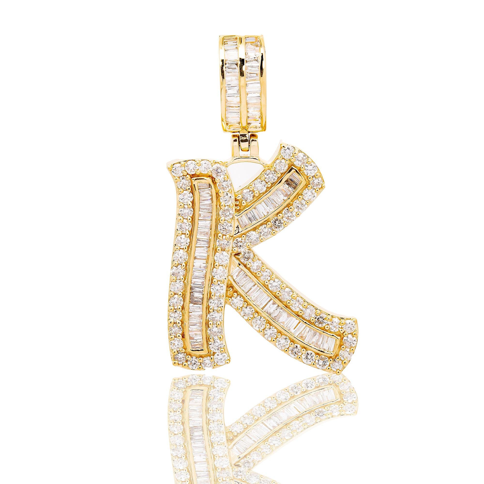 14K YELLOW GOLD UNISEX LETTER K WITH 1.95 CT BAGUETTE AND ROUND DIAMONDS