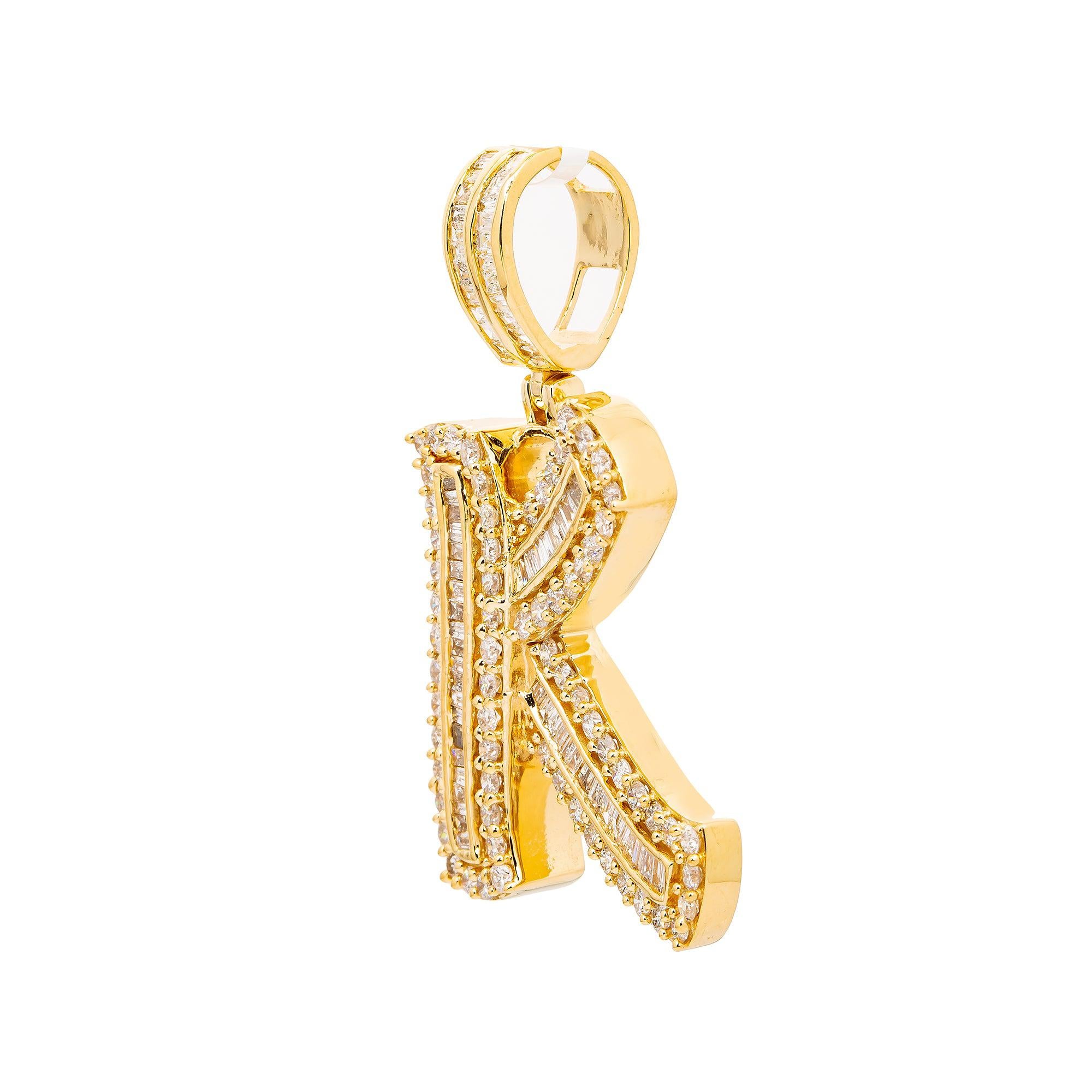 14K YELLOW GOLD UNISEX LETTER K WITH 1.95 CT BAGUETTE AND ROUND DIAMONDS