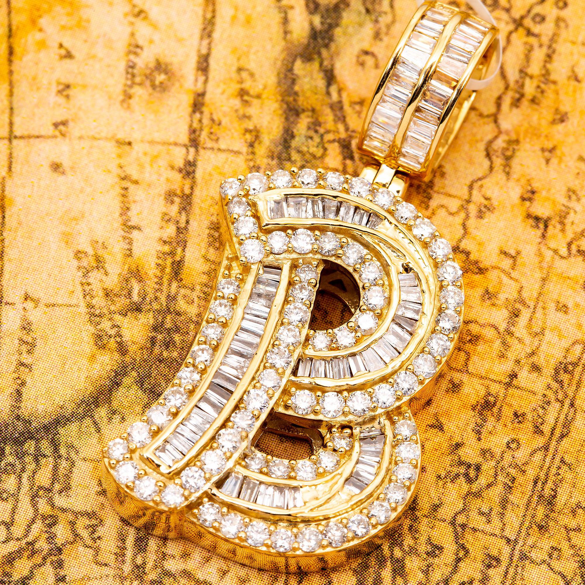 14K YELLOW GOLD UNISEX LETTER B WITH 2.01 CT BAGUETTE AND ROUND DIAMONDS
