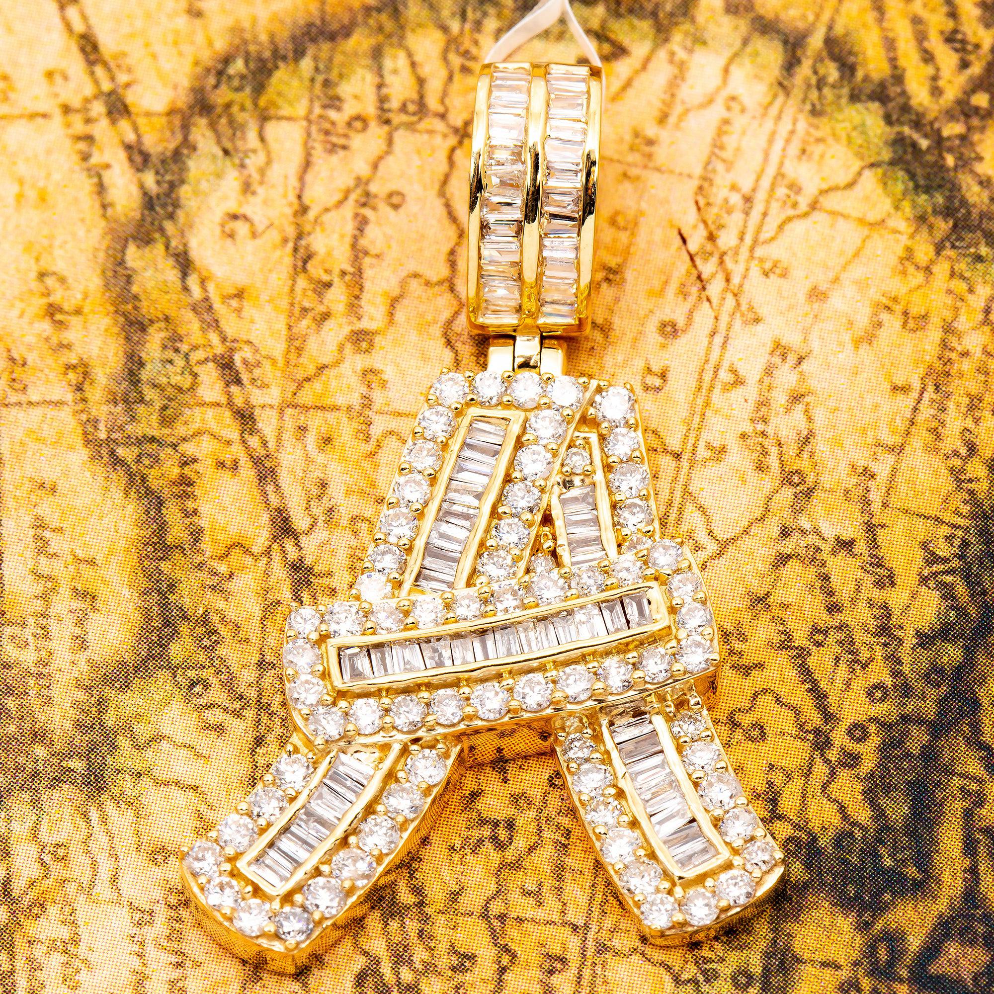 14K YELLOW GOLD UNISEX LETTER A WITH 1.93 CT BAGUETTE AND ROUND DIAMONDS