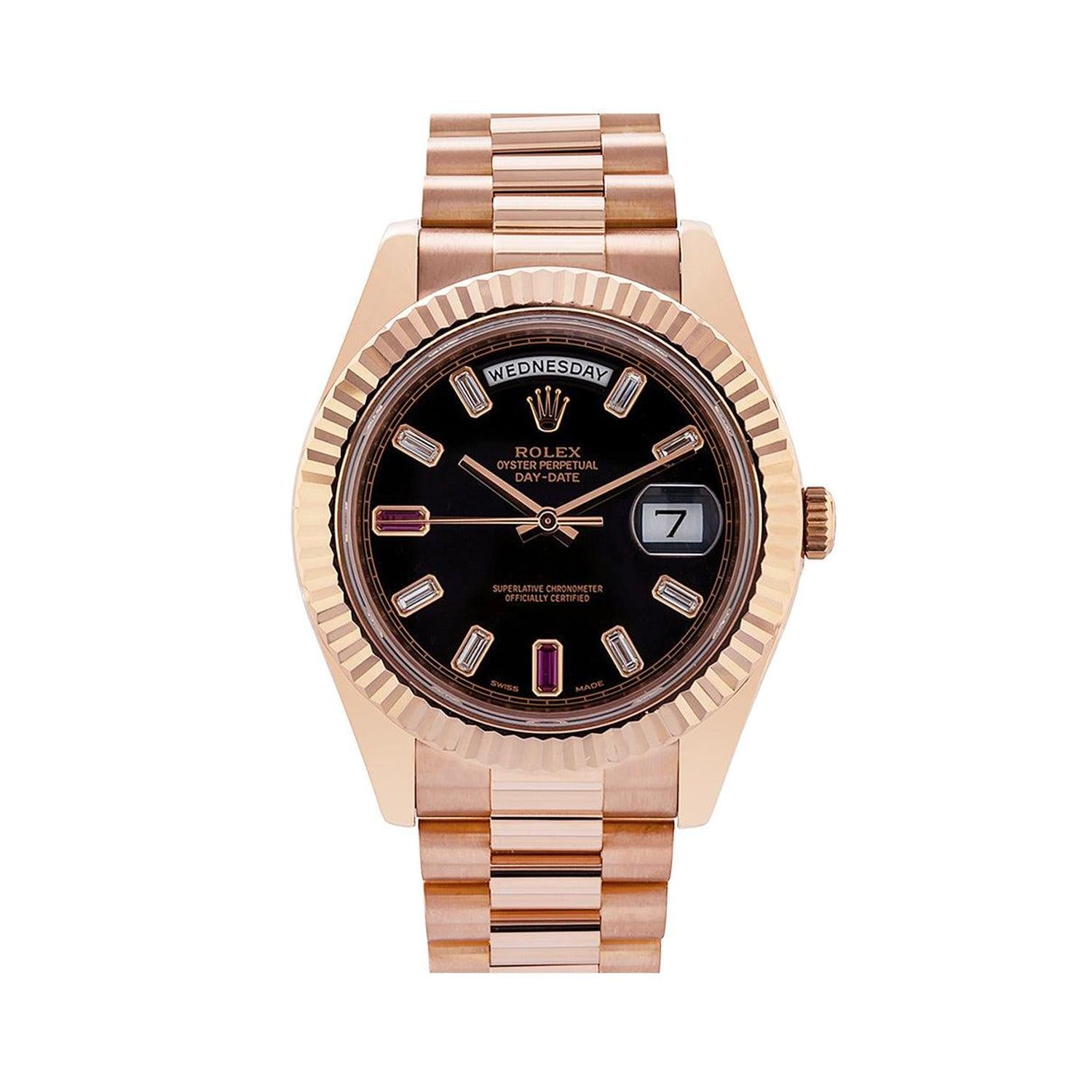 Rolex Day-Date II 41MM 218235 Black Baguette Diamond Dial Rose Gold Fluted Bezel 18K Rose Gold President Bracelet