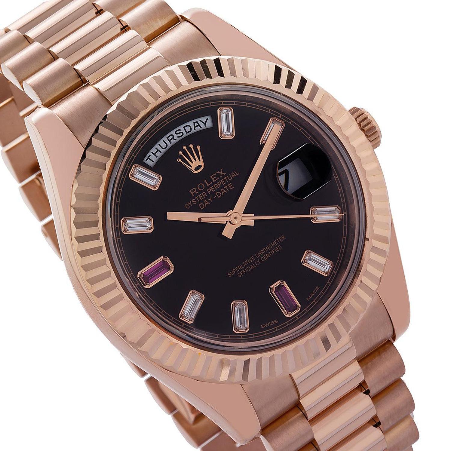 Rolex Day-Date II 41MM 218235 Black Baguette Diamond Dial Fluted Bezel 18K Rose Gold President Bracelet