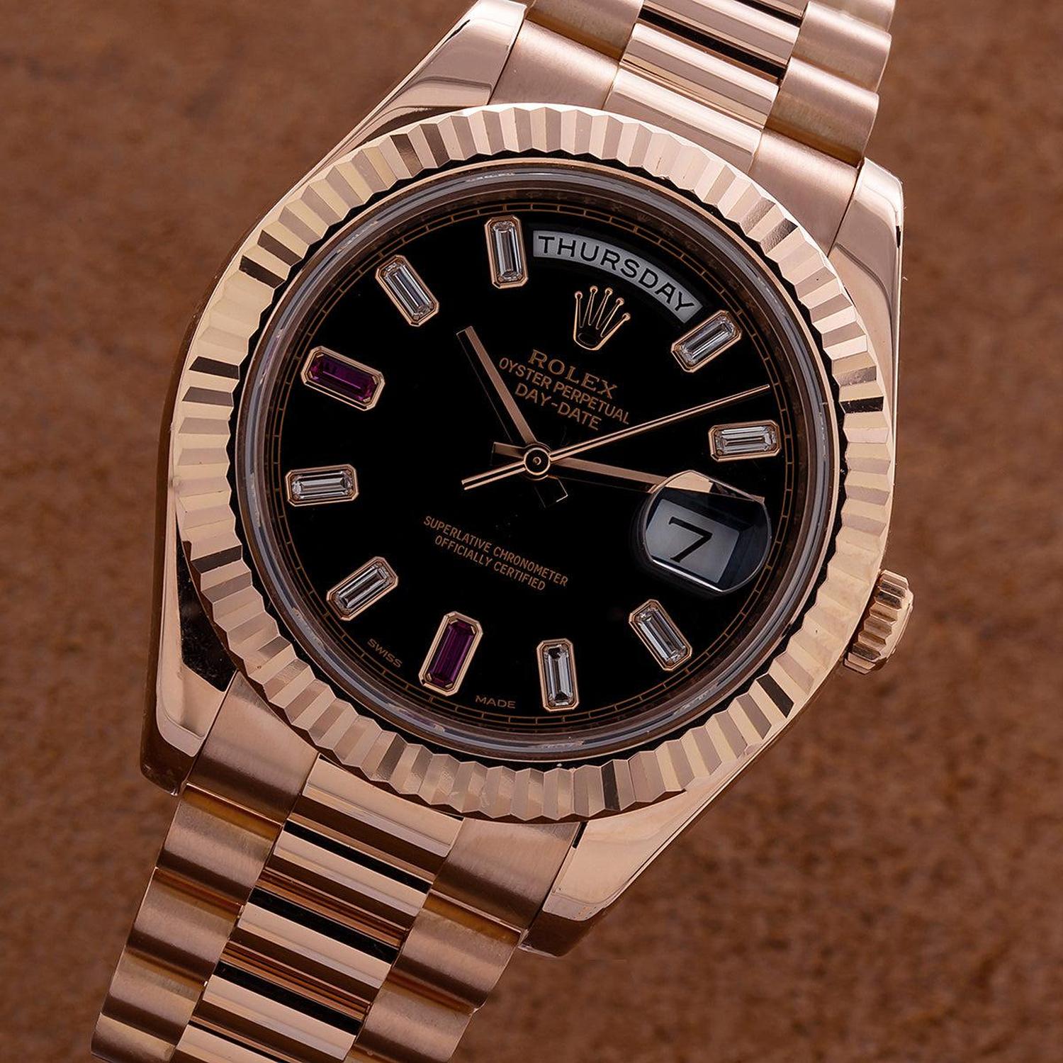 Rolex Day-Date II 41MM 218235 Black Baguette Diamond Dial Fluted Bezel 18K Rose Gold President Bracelet