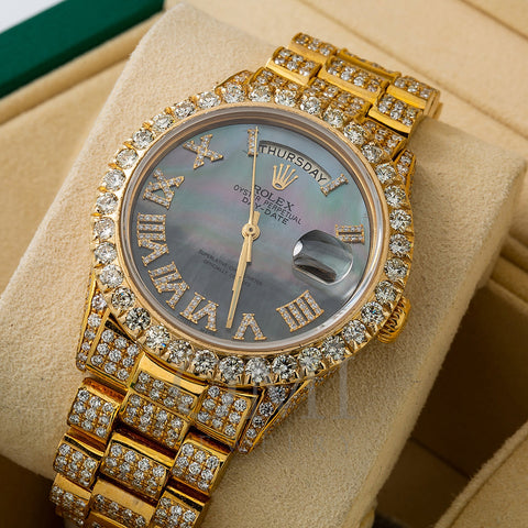 Rolex Day-Date Diamond Watch, 18038 36mm, Black Dial with 14.75 CT Diamonds
