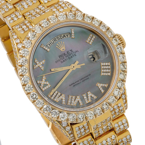 Rolex Day-Date Diamond Watch, 18038 36mm, Black Dial with 14.75 CT Diamonds