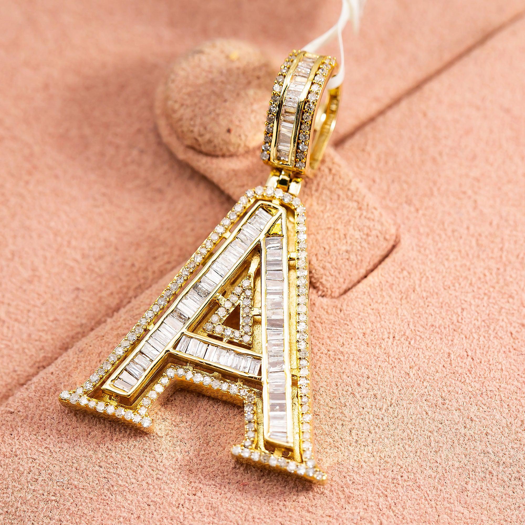 14K YELLOW GOLD DIAMOND LETTER A INITIAL PENDANT 1.5 CT