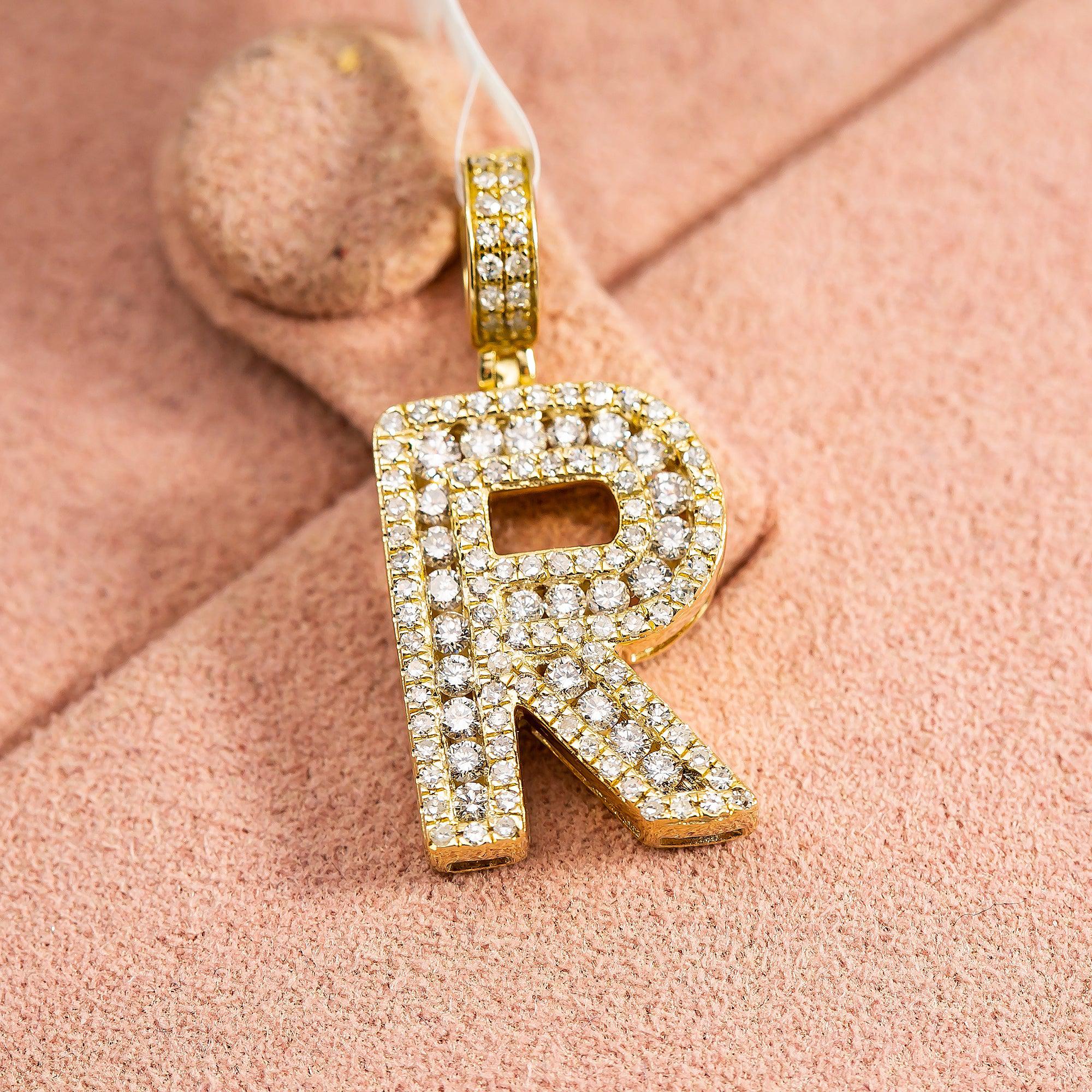 10K YELLOW GOLD UNISEX LETTER R PENDANT WITH 0.75 CT DIAMONDS