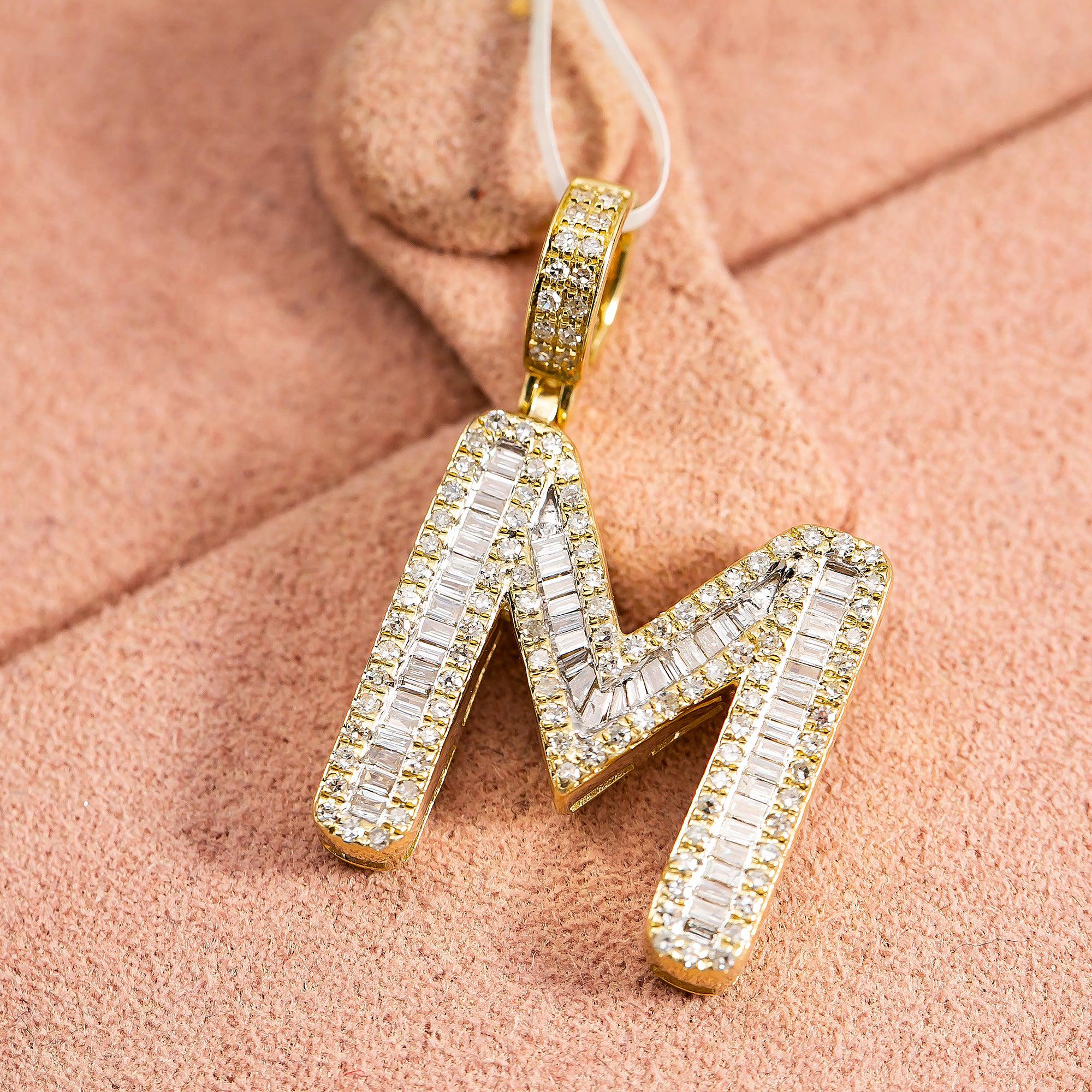 10K YELLOW GOLD UNISEX LETTER M PENDANT WITH 0.75 CT DIAMONDS