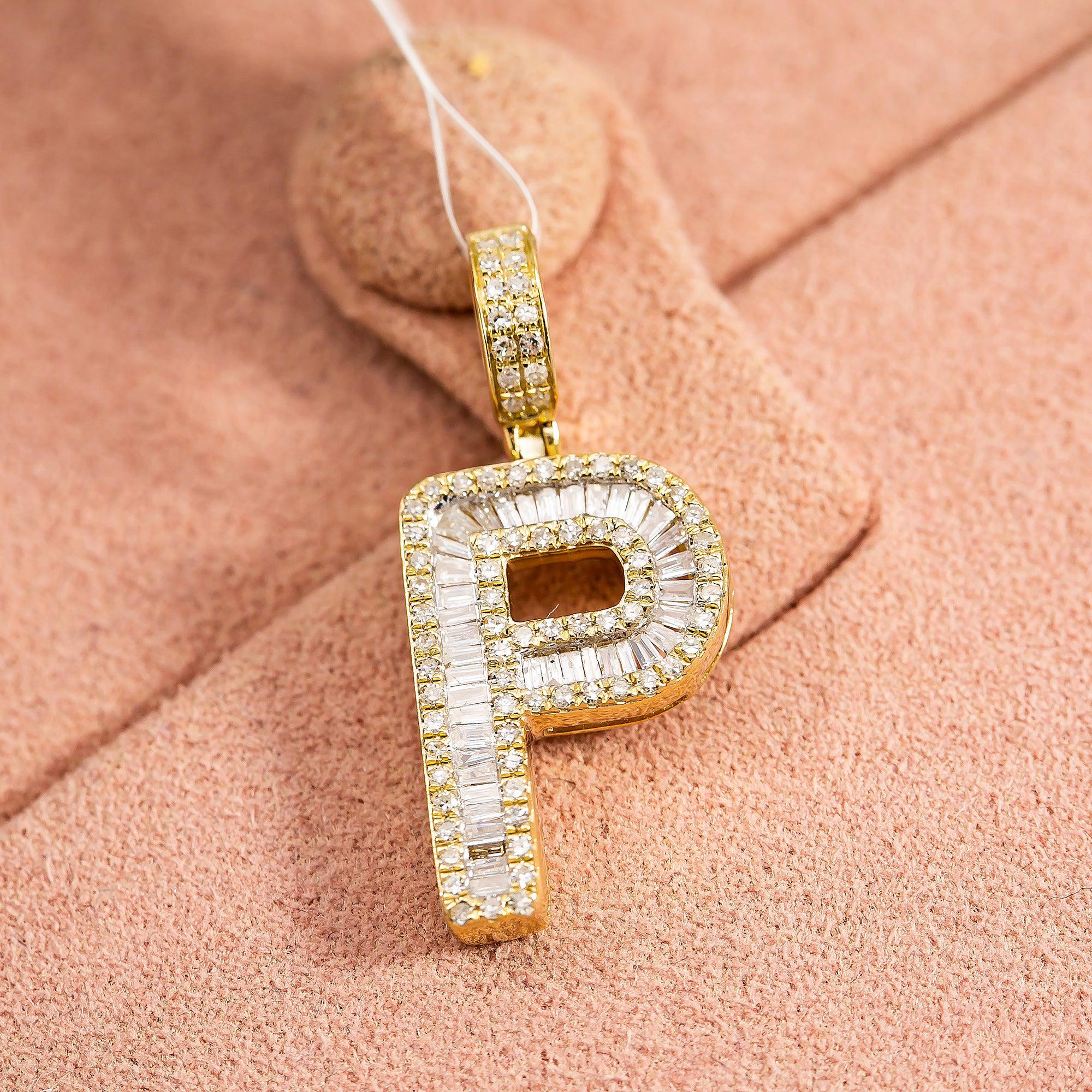 10K YELLOW GOLD UNISEX LETTER P PENDANT WITH 0.60 CT DIAMONDS