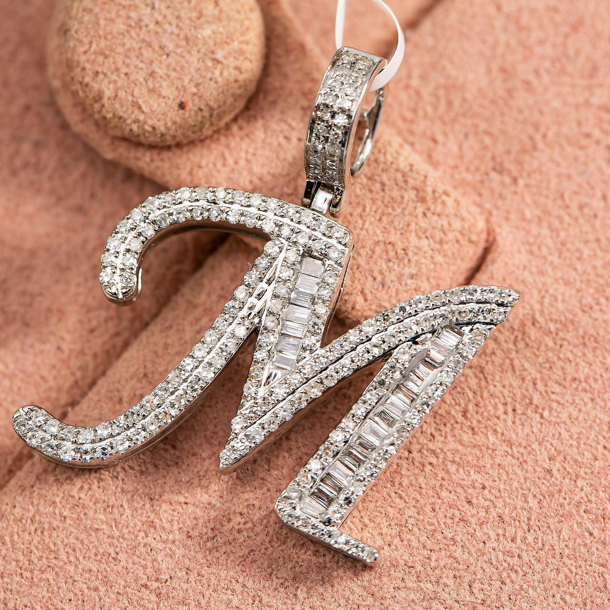 10K WHITE GOLD UNISEX LETTER M PENDANT WITH 0.60 CT DIAMONDS