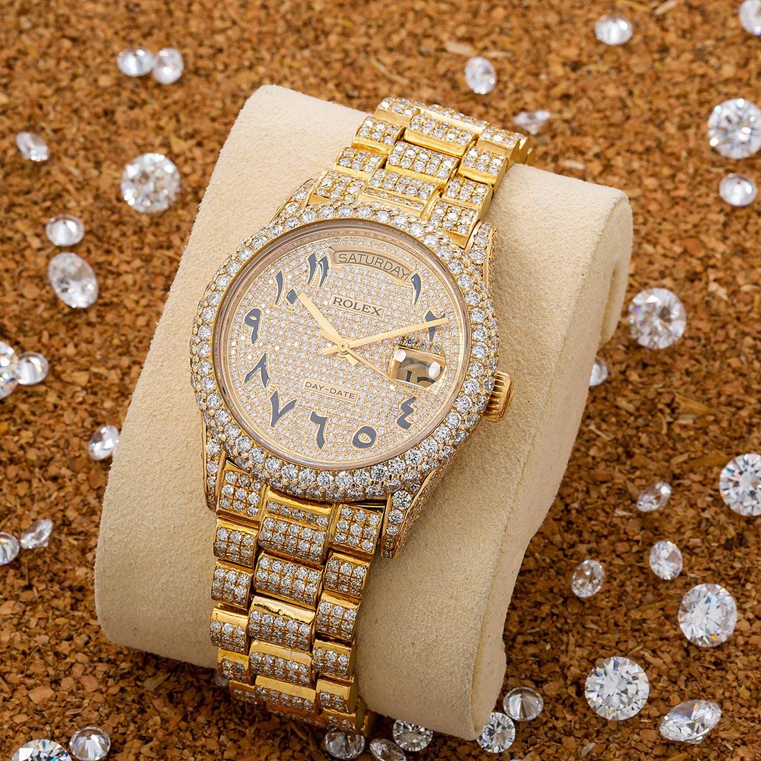 Rolex Day-Date 36MM 18038 Diamond Paved Eastern Arabic Dial Diamond Bezel 18K Yellow Gold Full Diamond President Bracelet 15.75ct