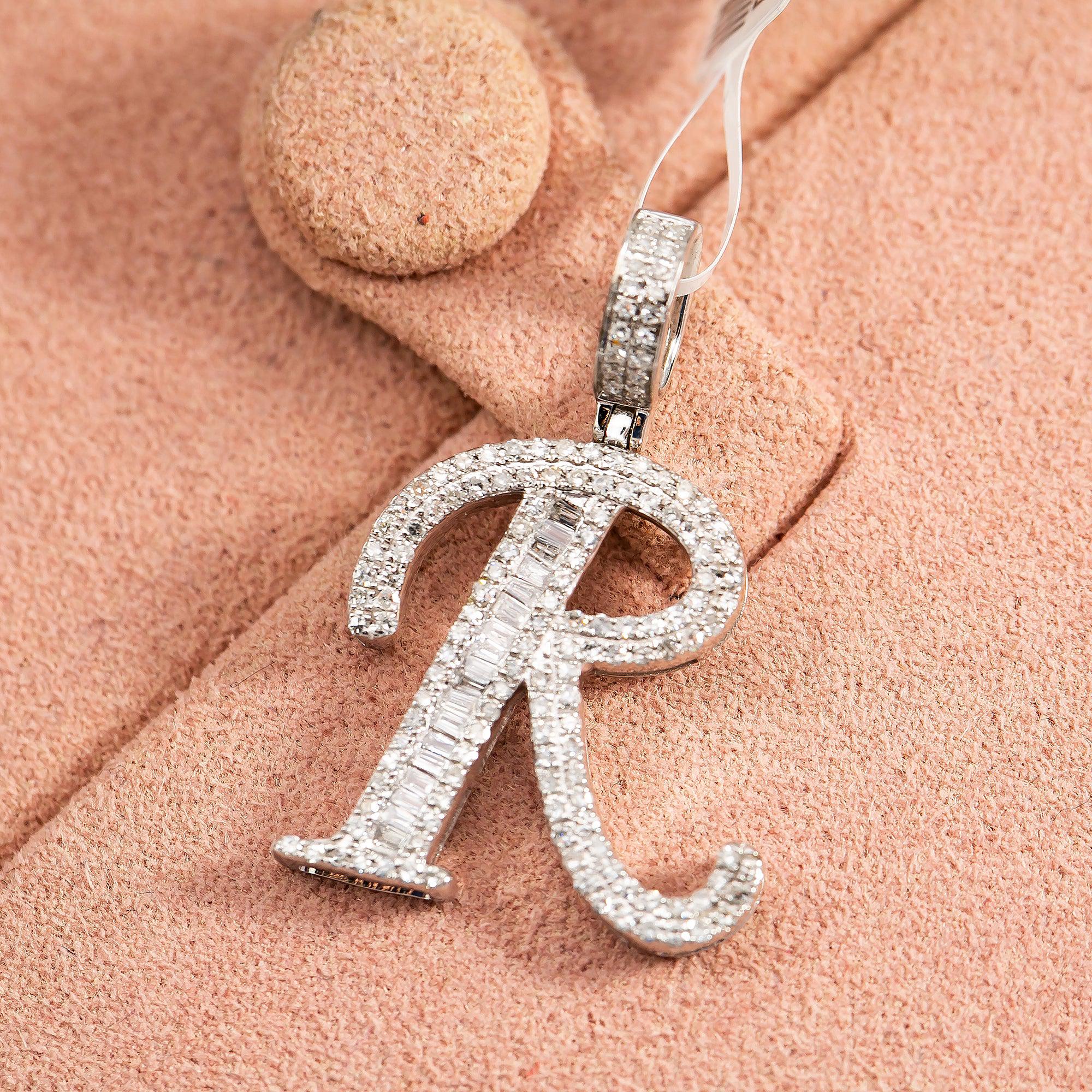 10K WHITE GOLD UNISEX LETTER R PENDANT WITH 0.50 CT DIAMONDS