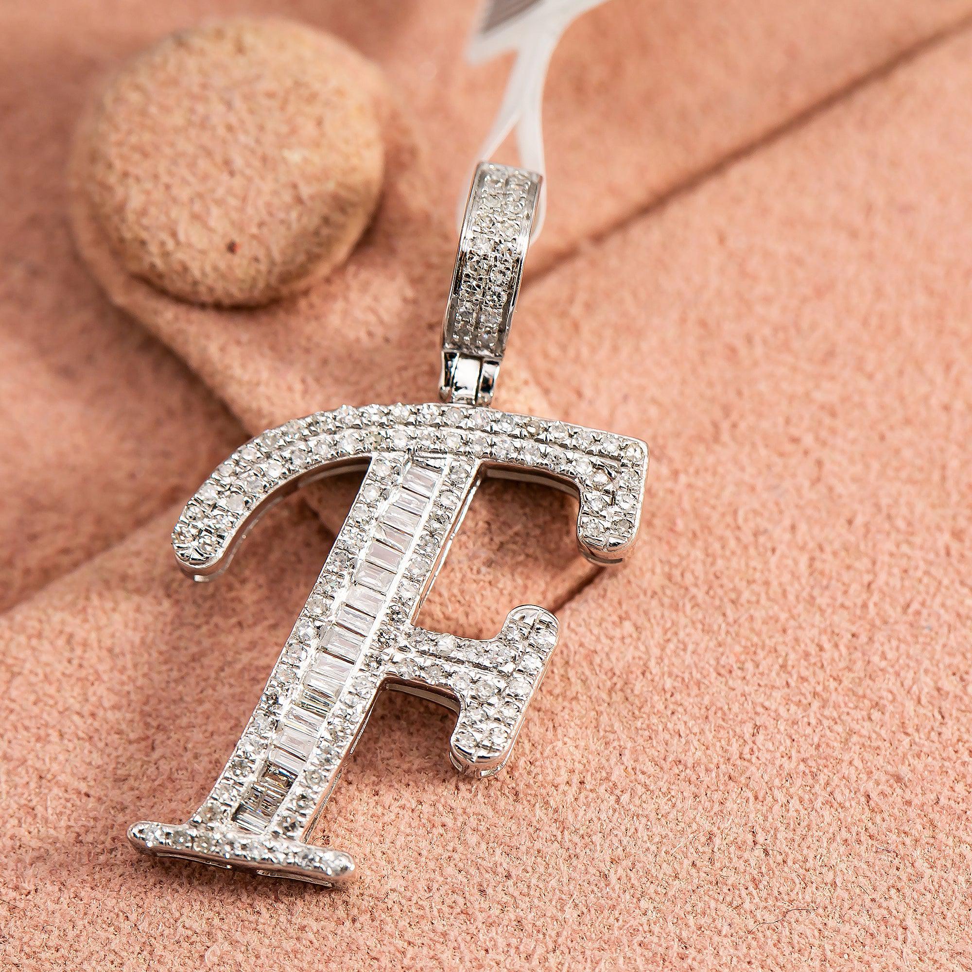 10K WHITE GOLD UNISEX LETTER F PENDANT WITH 0.50 CT DIAMONDS