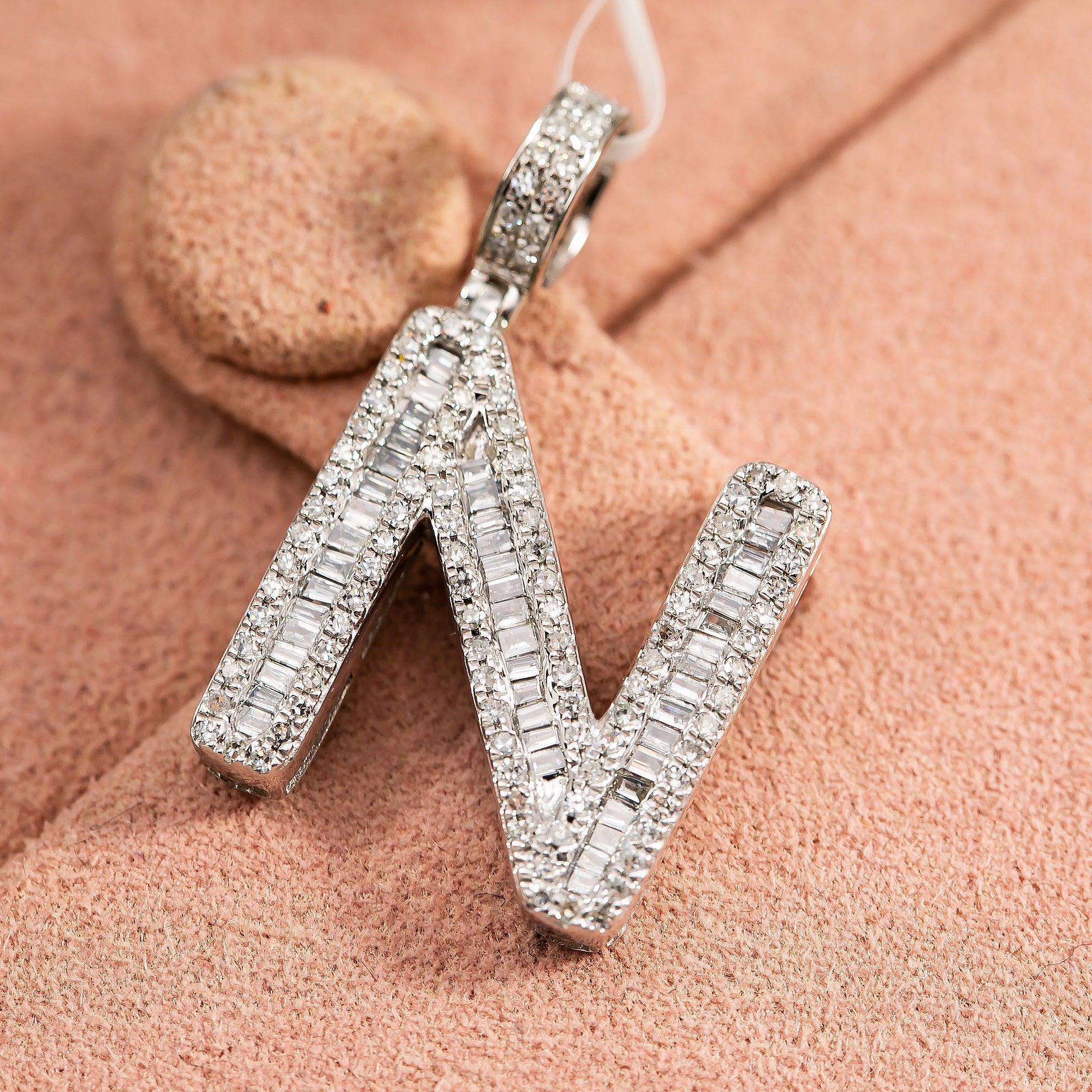 10K WHITE GOLD UNISEX LETTER N PENDANT WITH 0.68 CT DIAMONDS