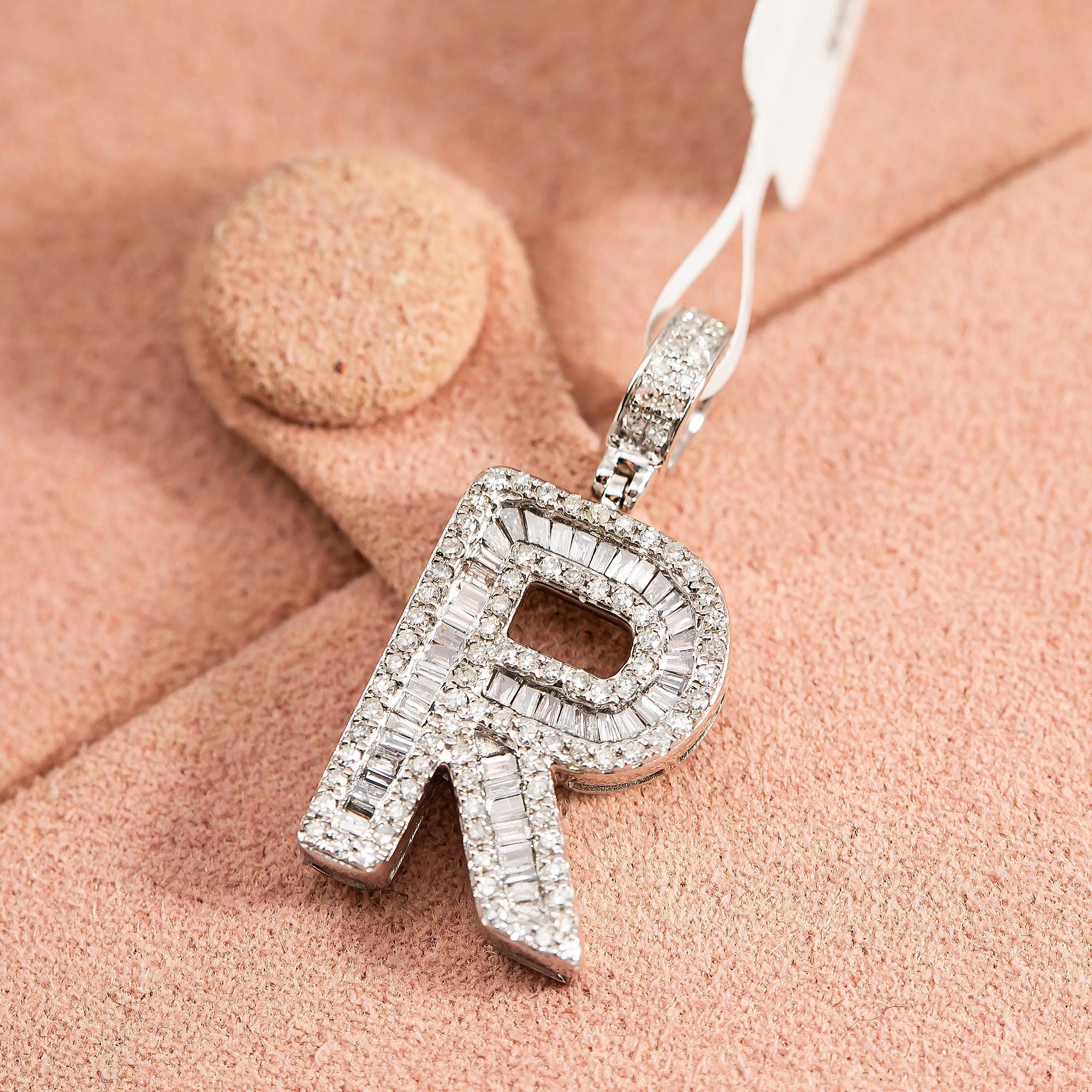 10K WHITE GOLD UNISEX LETTER R PENDANT WITH 0.65 CT DIAMONDS