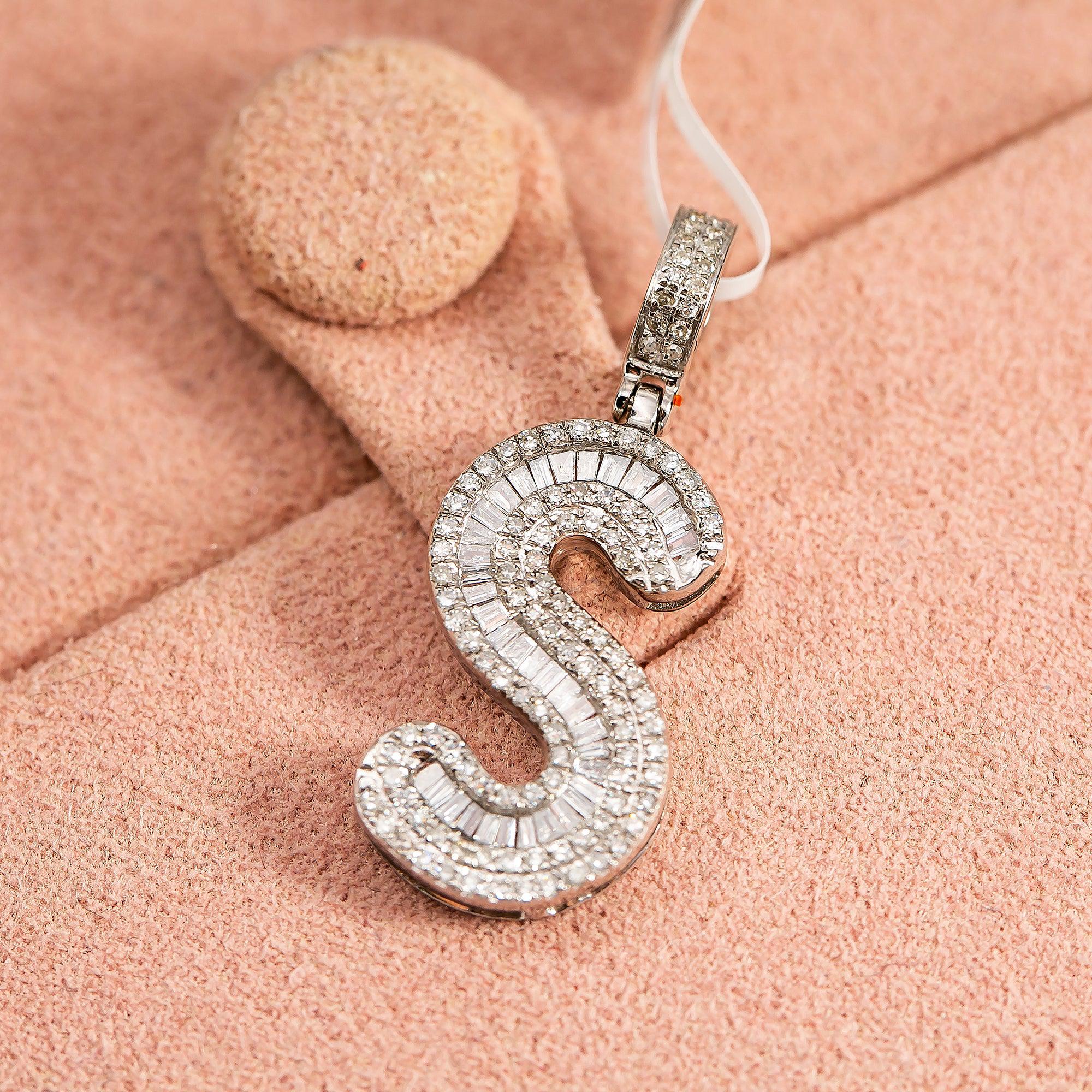 10K WHITE GOLD UNISEX LETTER S PENDANT WITH 1.1 CT BAGUETTE DIAMONDS