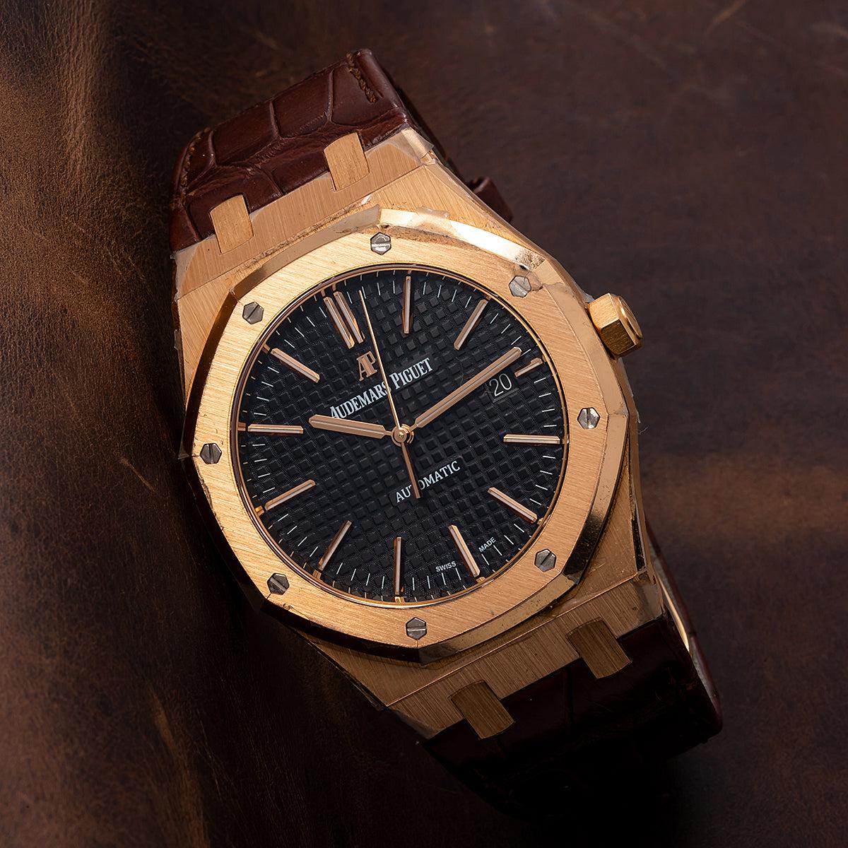 Audemars Piguet Royal Oak Selfwinding 41MM 15400OR.OO.D002CR.01 Black Dial Rose Gold Bezel Brown Alligator Leather Strap