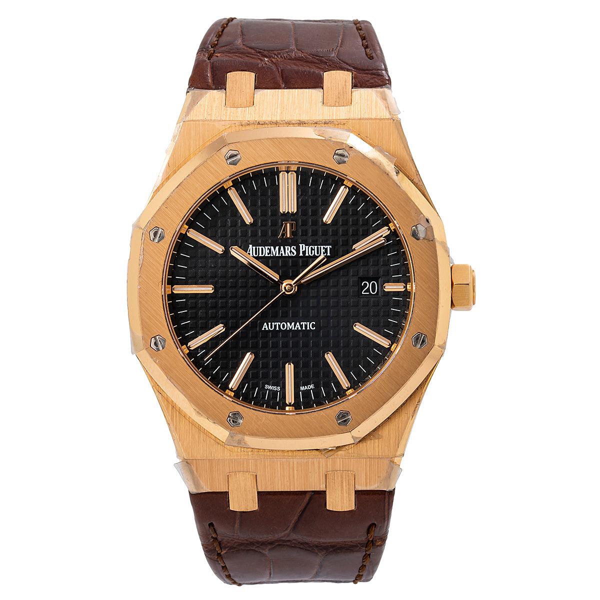 Audemars Piguet Royal Oak Selfwinding 41MM 15400OR.OO.D002CR.01 Black Dial Rose Gold Bezel Brown Alligator Leather Strap