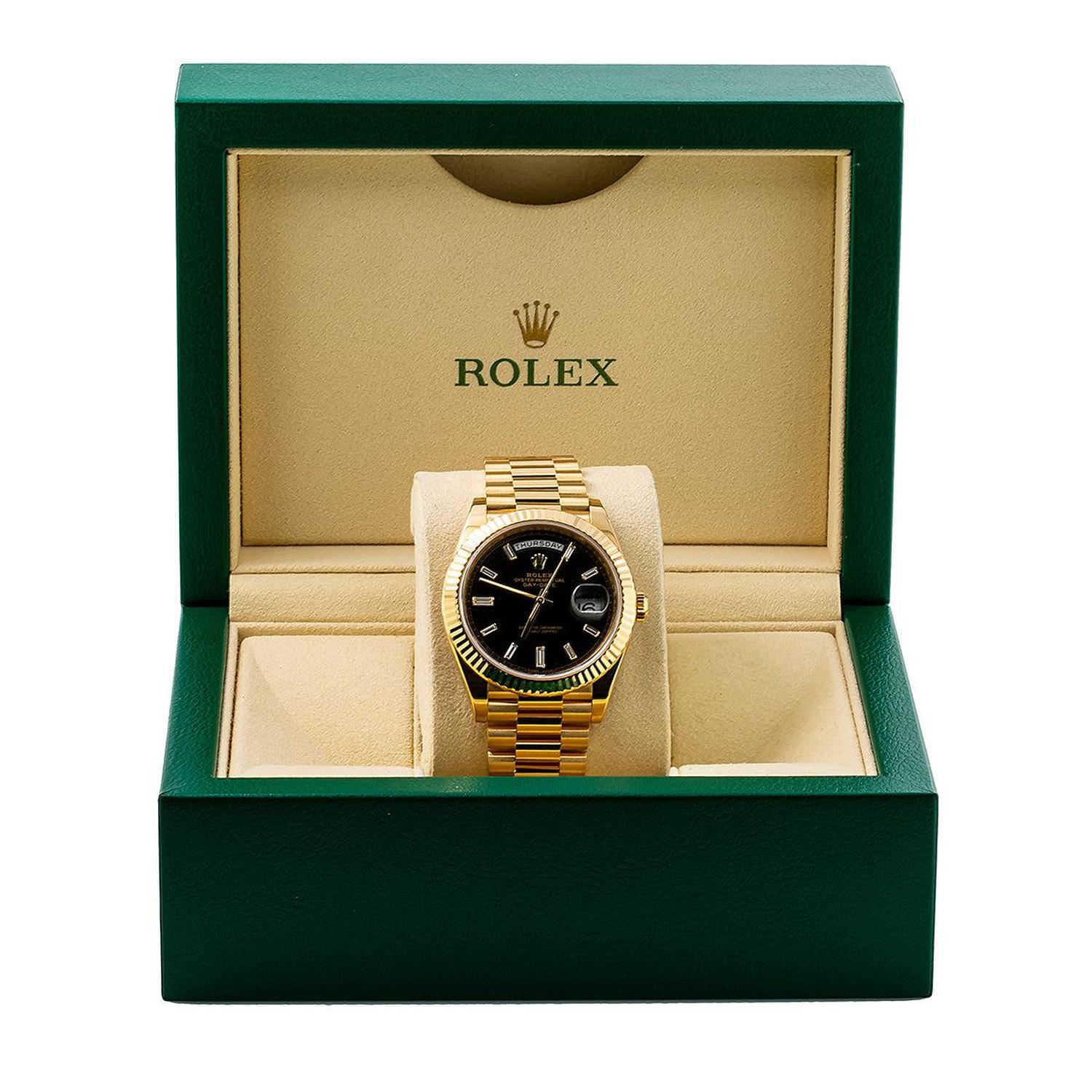 Rolex Day-Date 40MM 228238 Black Baguette Diamond Dial Fluted Bezel 18K Yellow Gold President Bracelet