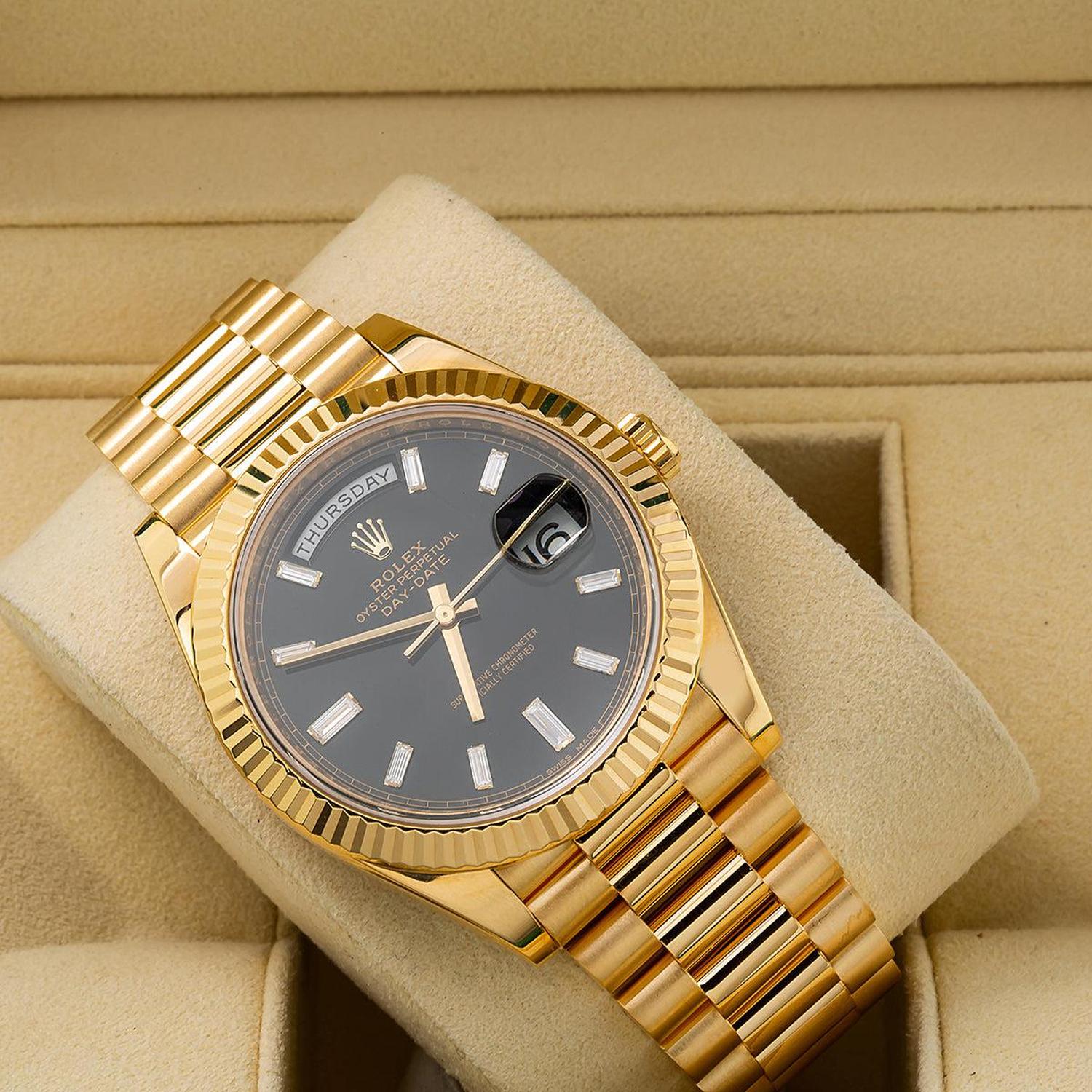 Rolex Day-Date 40MM 228238 Black Baguette Diamond Dial Fluted Bezel 18K Yellow Gold President Bracelet