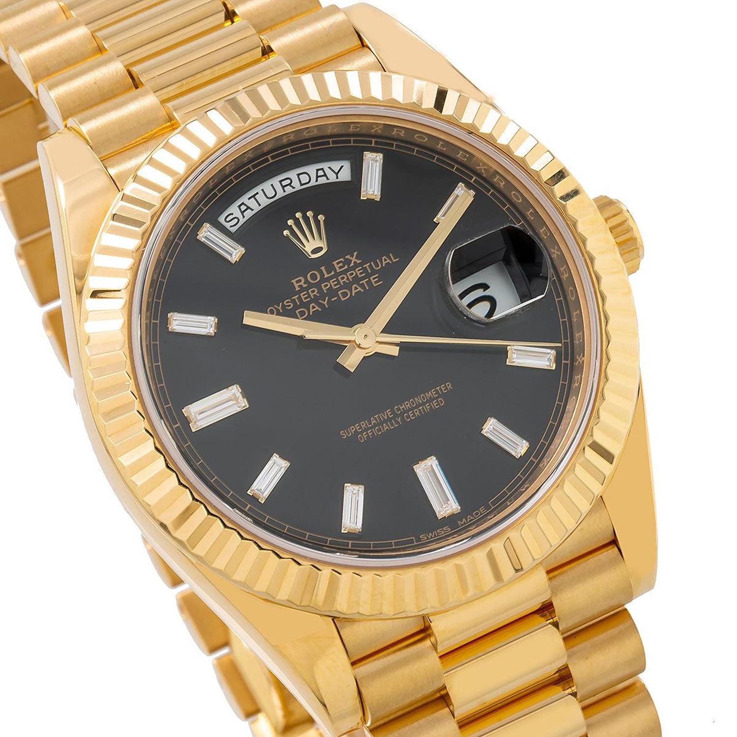 Rolex Day-Date 40MM 228238 Black Baguette Diamond Dial Fluted Bezel 18K Yellow Gold President Bracelet