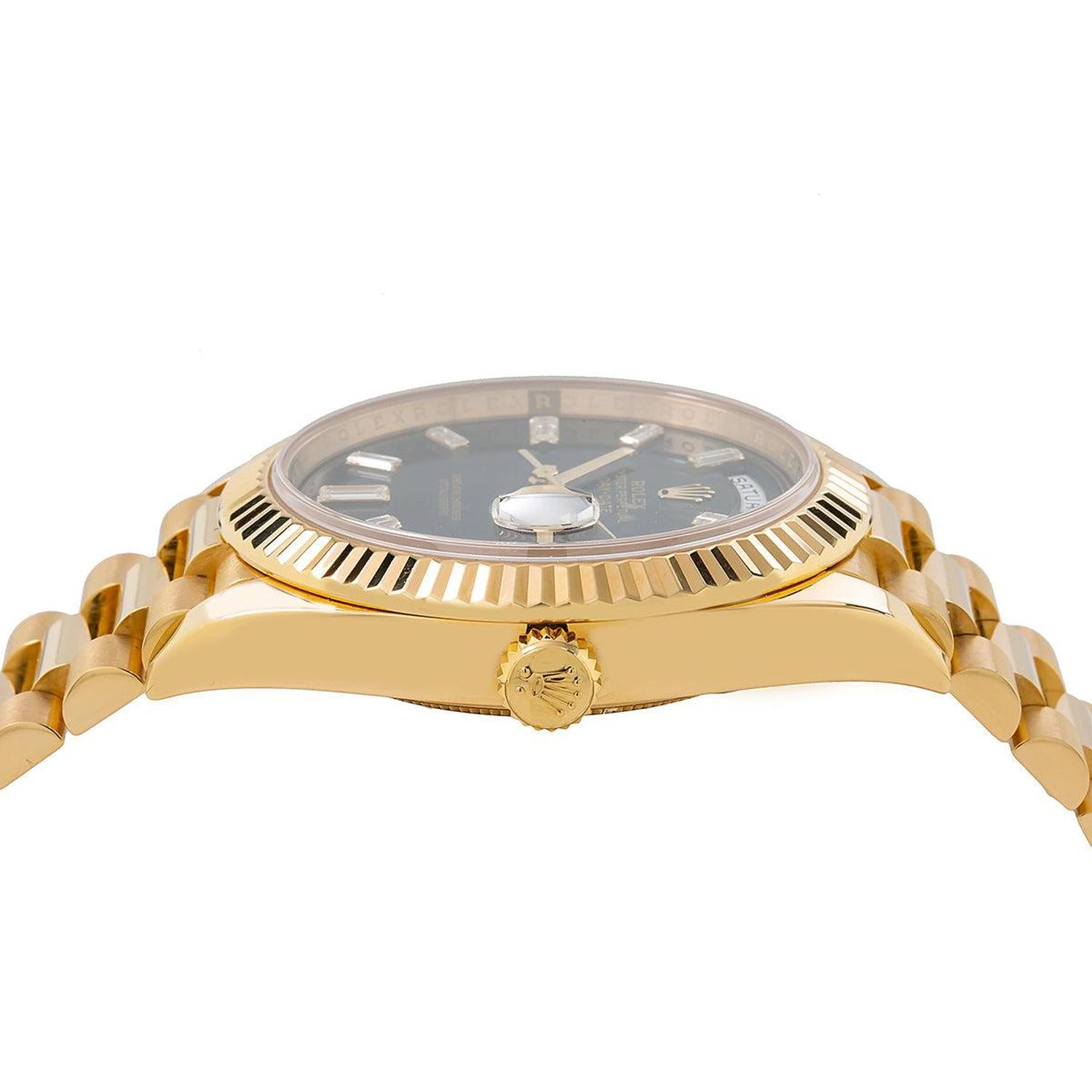 Rolex Day-Date 40MM 228238 Black Baguette Diamond Dial Fluted Bezel 18K Yellow Gold President Bracelet