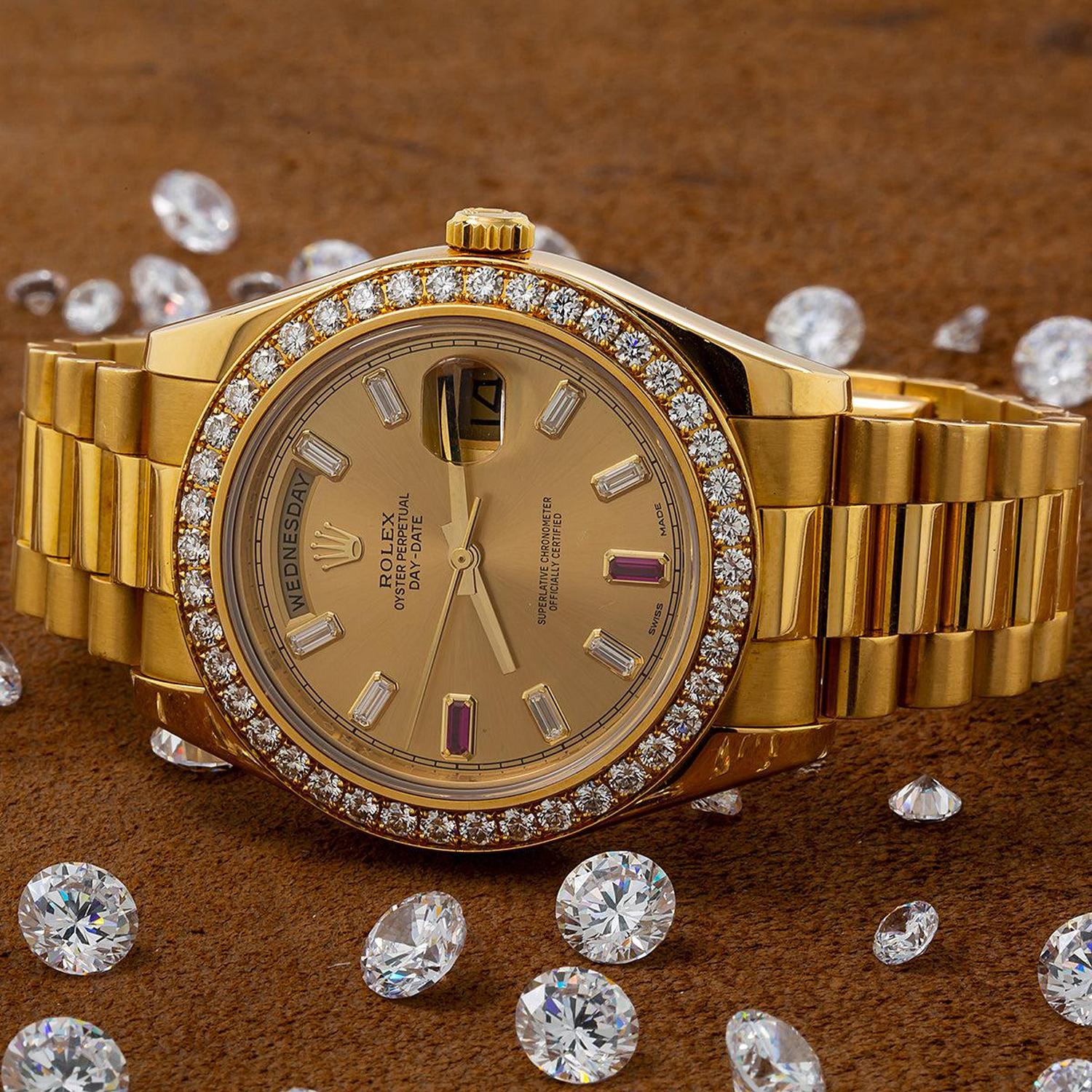 Rolex Day-Date II 41MM 218348 Champagne Baguette Diamond Dial Diamond Bezel 18K Yellow Gold President Bracelet