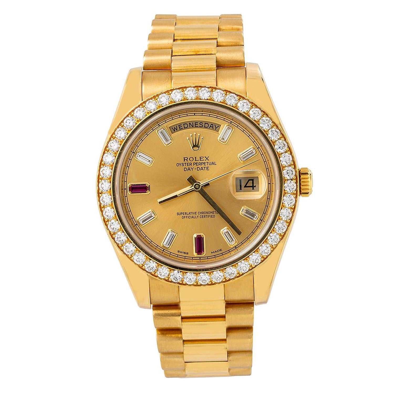 Rolex Day-Date II 41MM 218348 Champagne Baguette Diamond Dial Diamond Bezel 18K Yellow Gold President Bracelet
