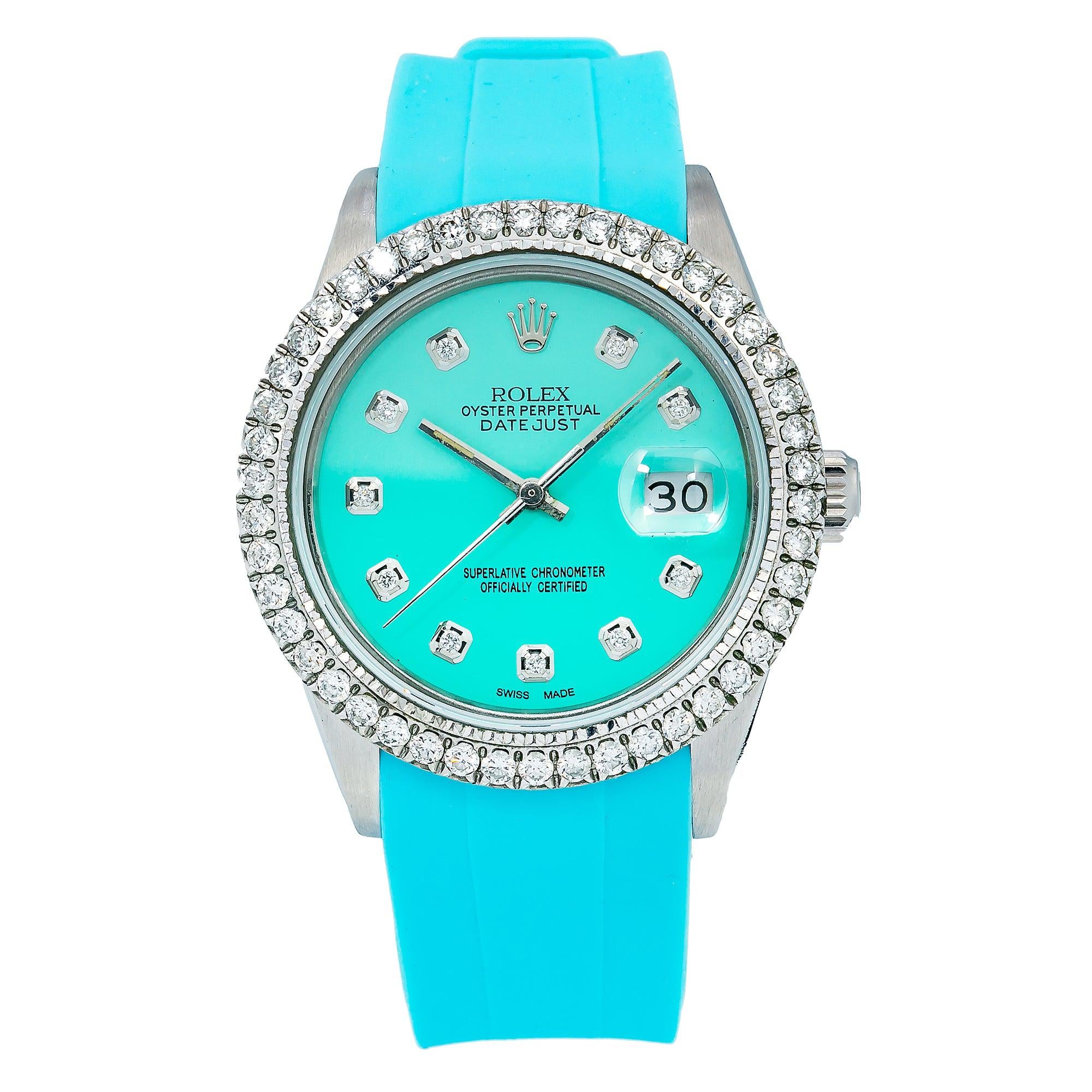 Rolex Datejust 36MM 16014 Turquoise Diamond Dial Diamond Bezel Blue Rubber Strap