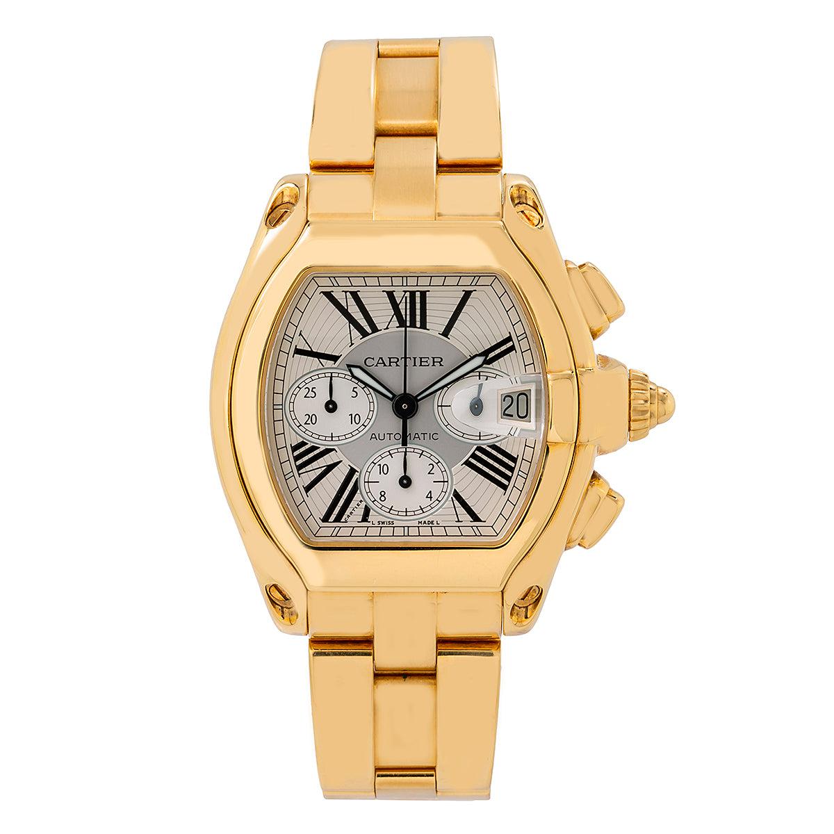 Cartier Roadster 43MM W62021Y2 / 2619 Silver Roman Dial Yellow Gold Bezel 18K Yellow Gold Bracelet