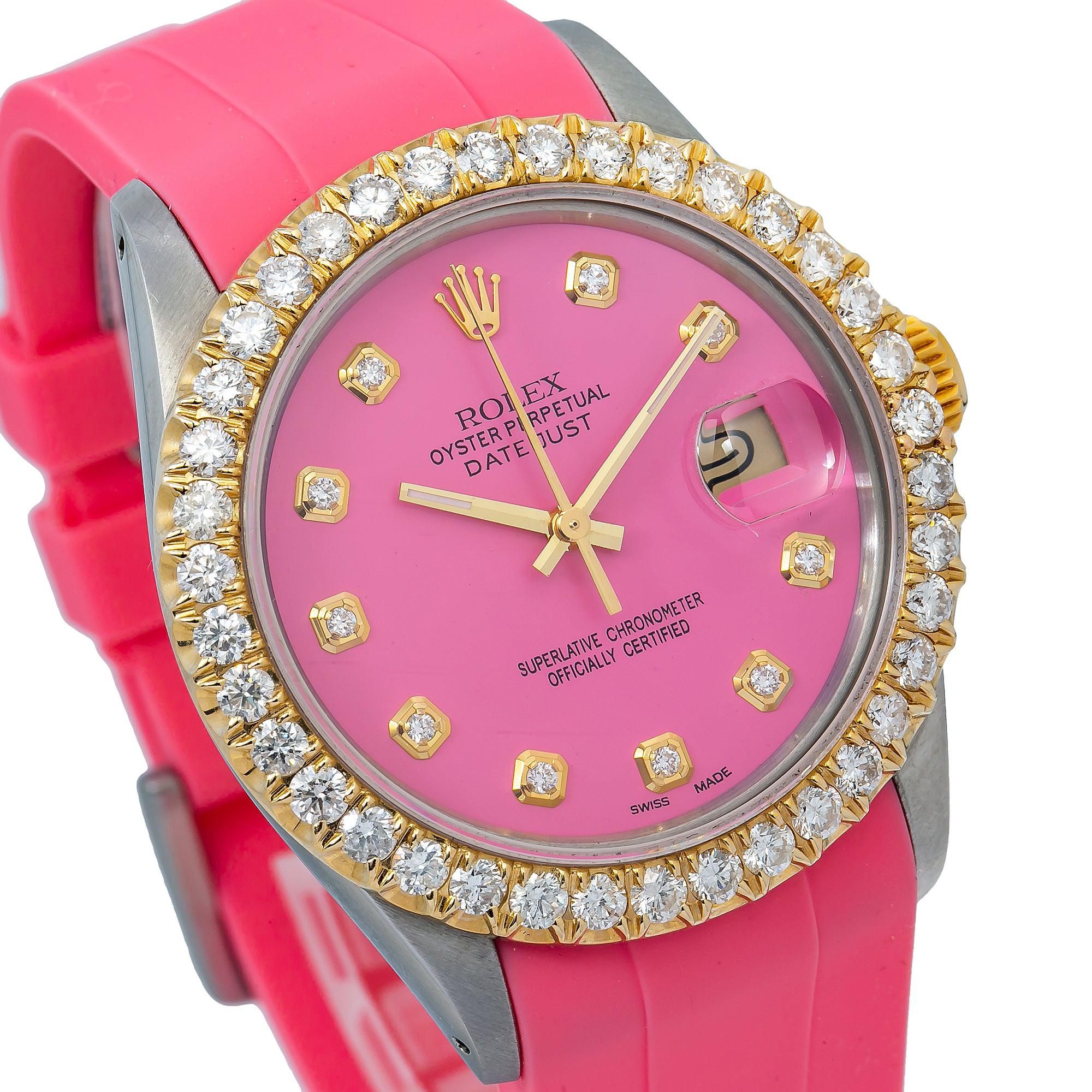 Rolex Datejust 36MM 16014 Pink Diamond Dial Diamond Bezel Pink Rubber Strap