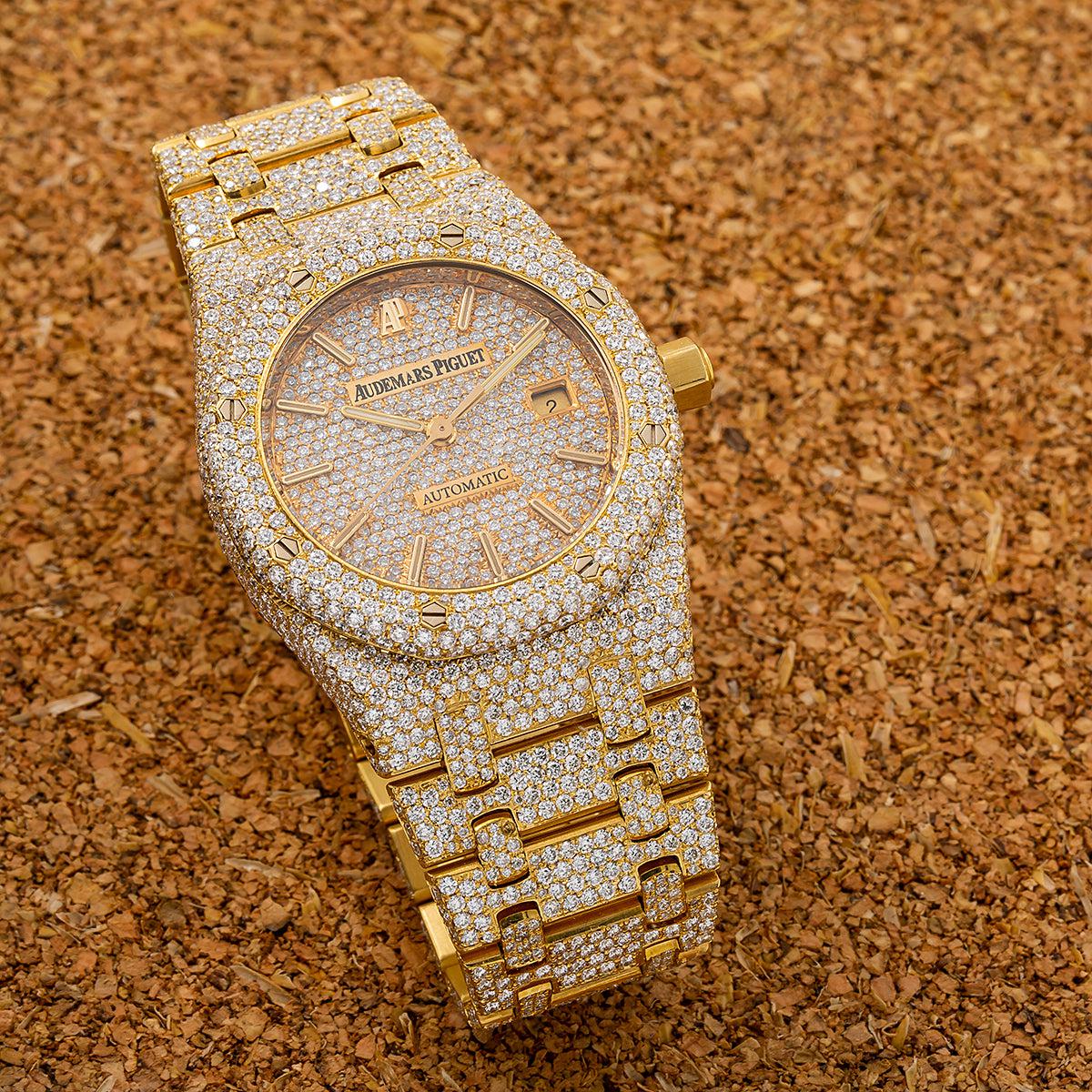 Audemars Piguet Royal Oak 33MM 15454BA Diamond Paved Dial Diamond Paved Bezel 18K Yellow Gold Bracelet 17.95ct