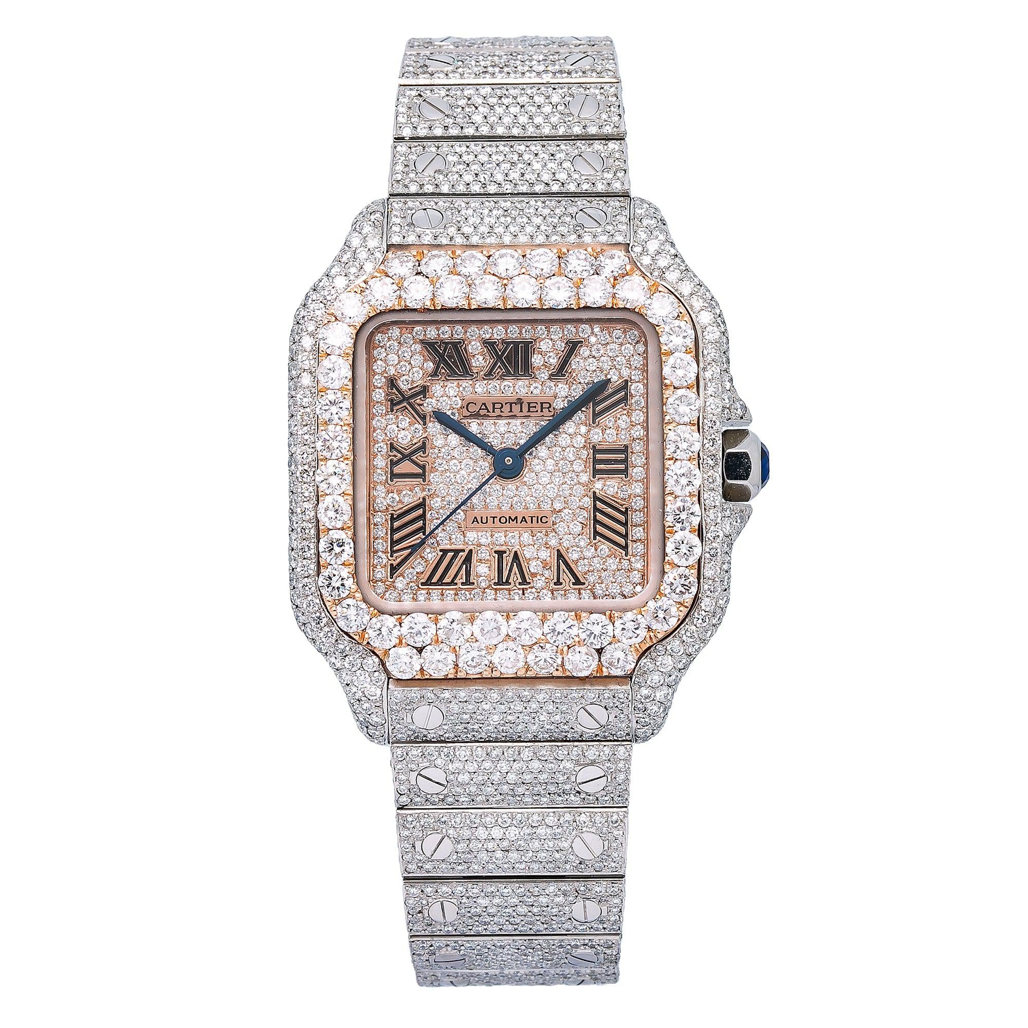 Cartier Santos 35.1MM WSSA0029 Diamond Paved Rose Gold Roman Dial Rose Gold Diamond Bezel Stainless Steel Full Diamond Bracelet 18.75ct